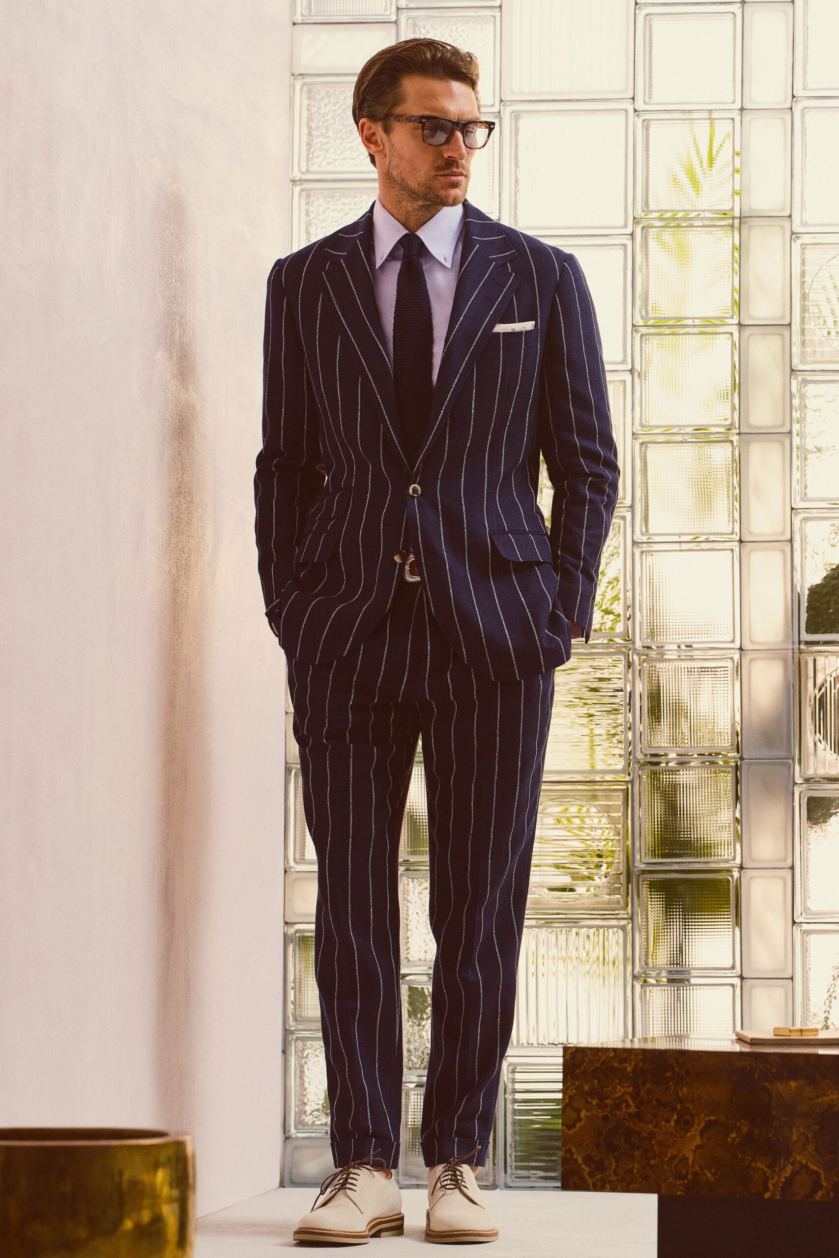 blue striped tailored suit