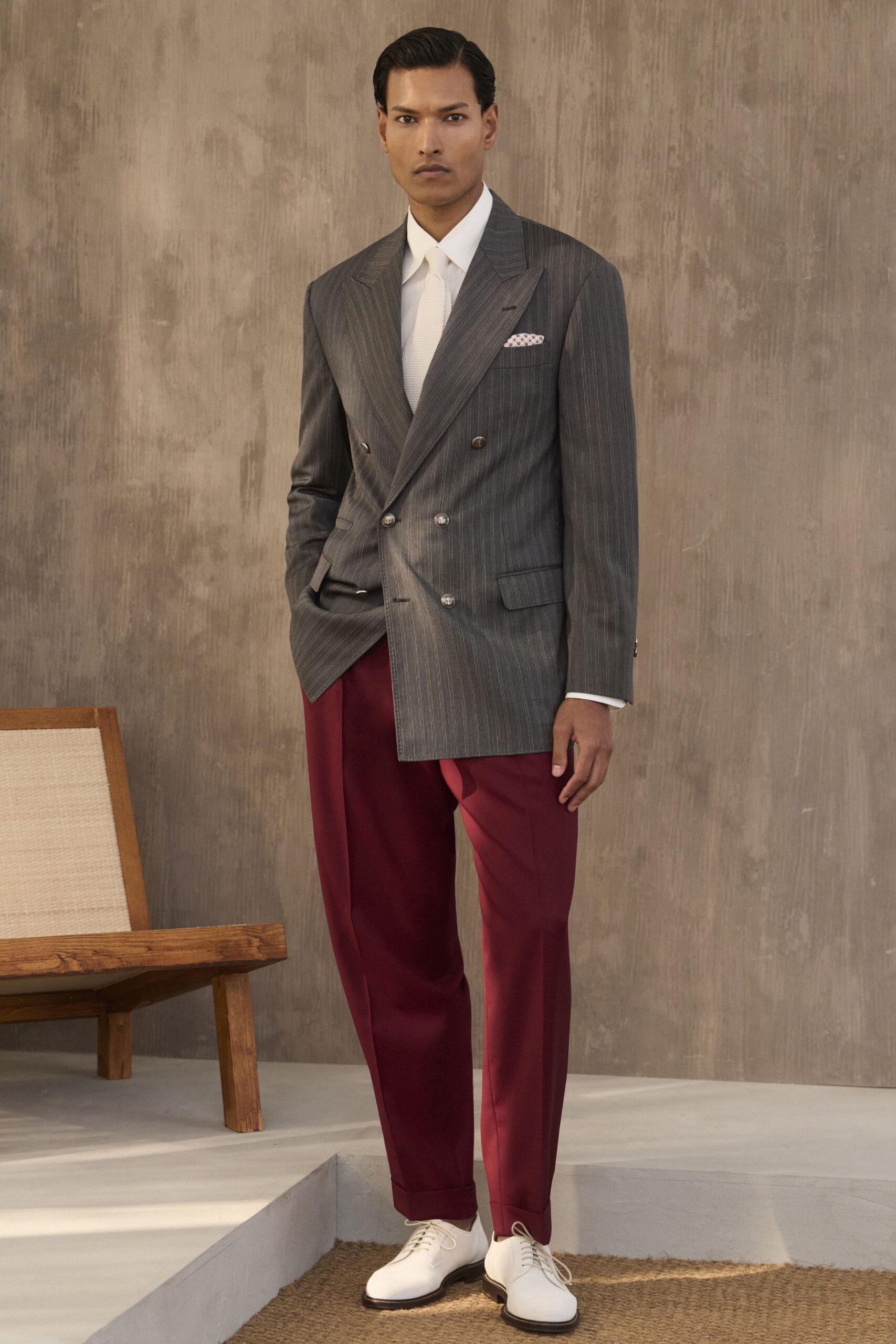 gray wool long-sleeve collared structured striped buttoned blazer