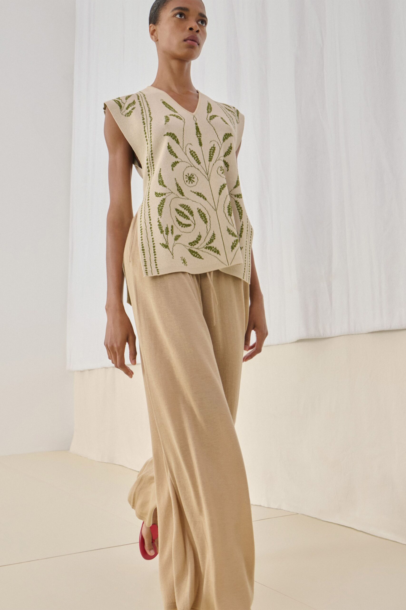 beige cotton sleeveless v-neck relaxed embroidered top