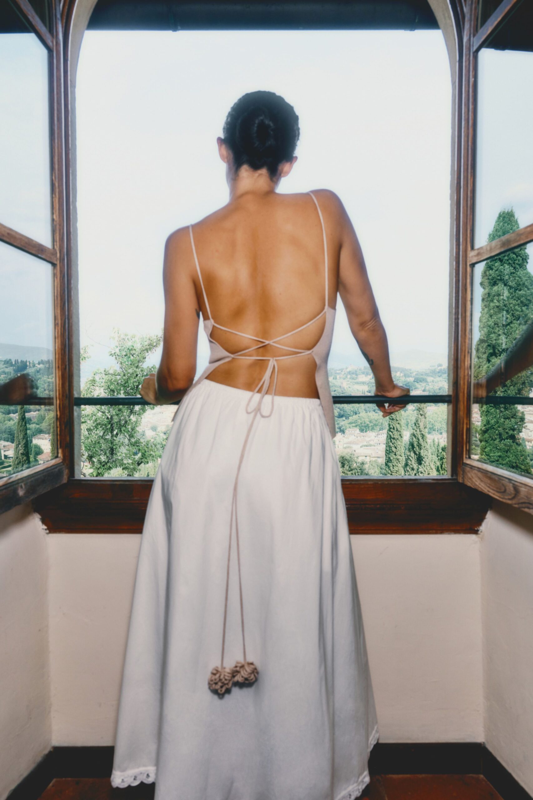 white cotton backless midi dress