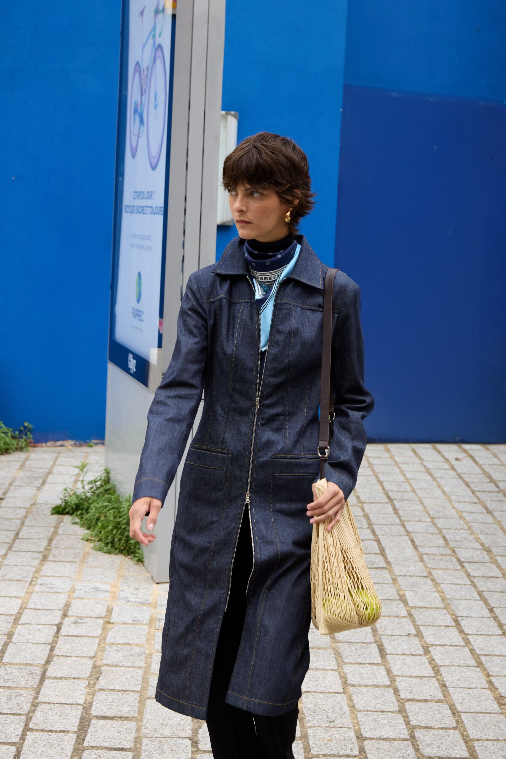 blue denim long-sleeve collared fitted zippered coat