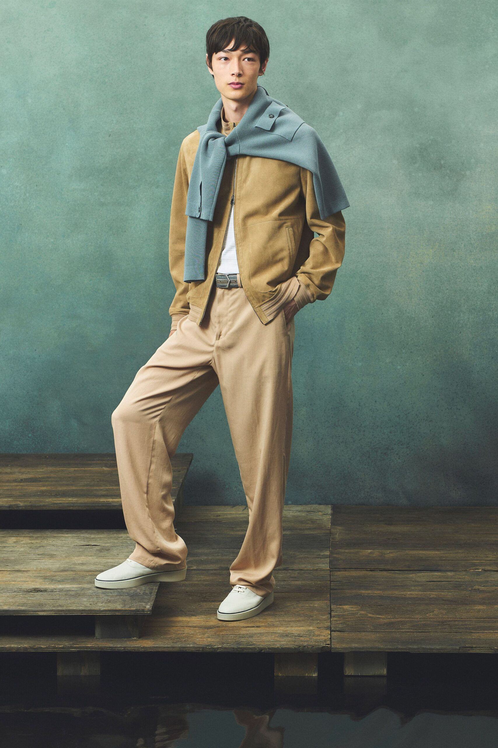 beige jacket with gray sweater