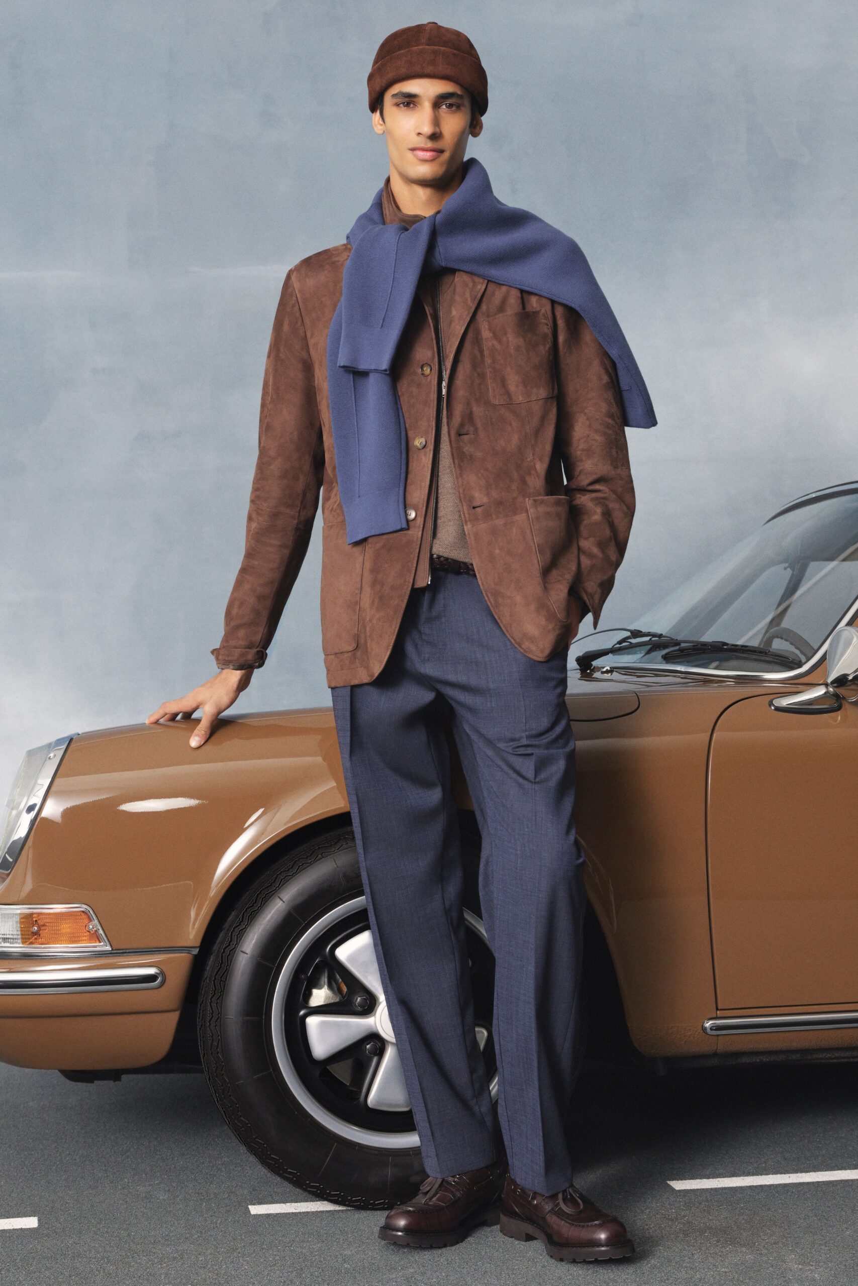 brown suede long-sleeve collared structured buttoned pockets jacket