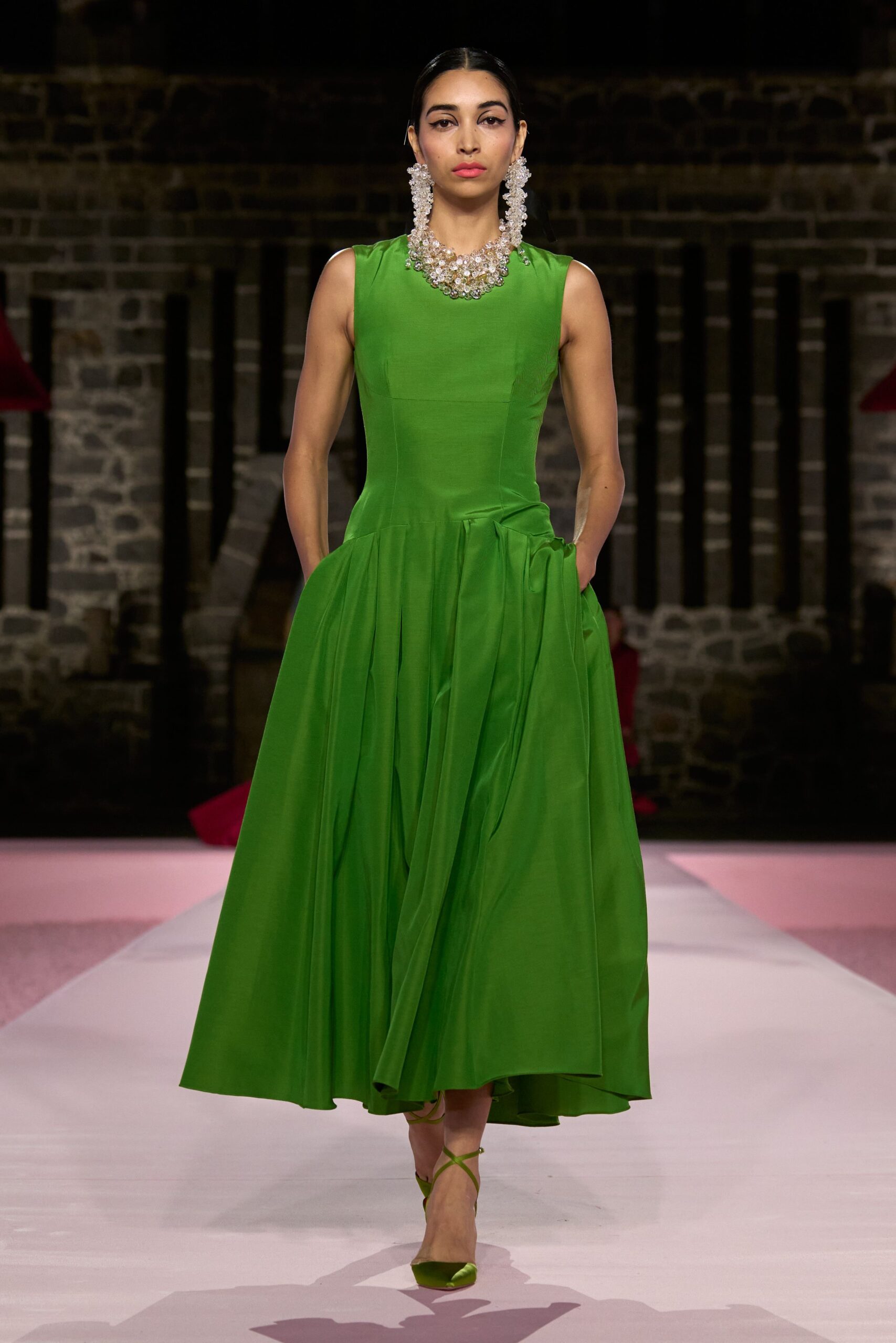 green silk sleeveless v-neck fitted pleated midi dress