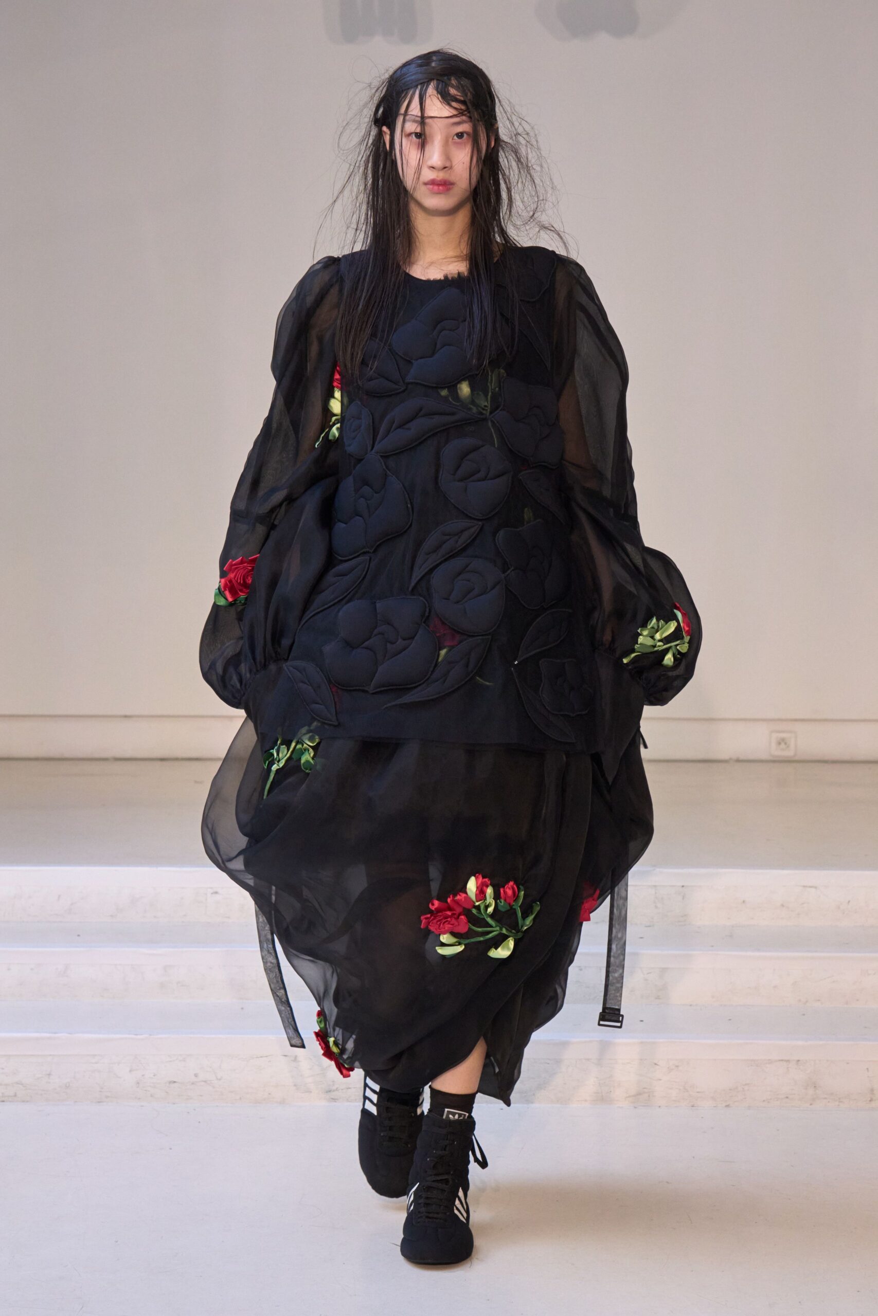 black chiffon long-sleeve v-neck relaxed embroidered layered dress