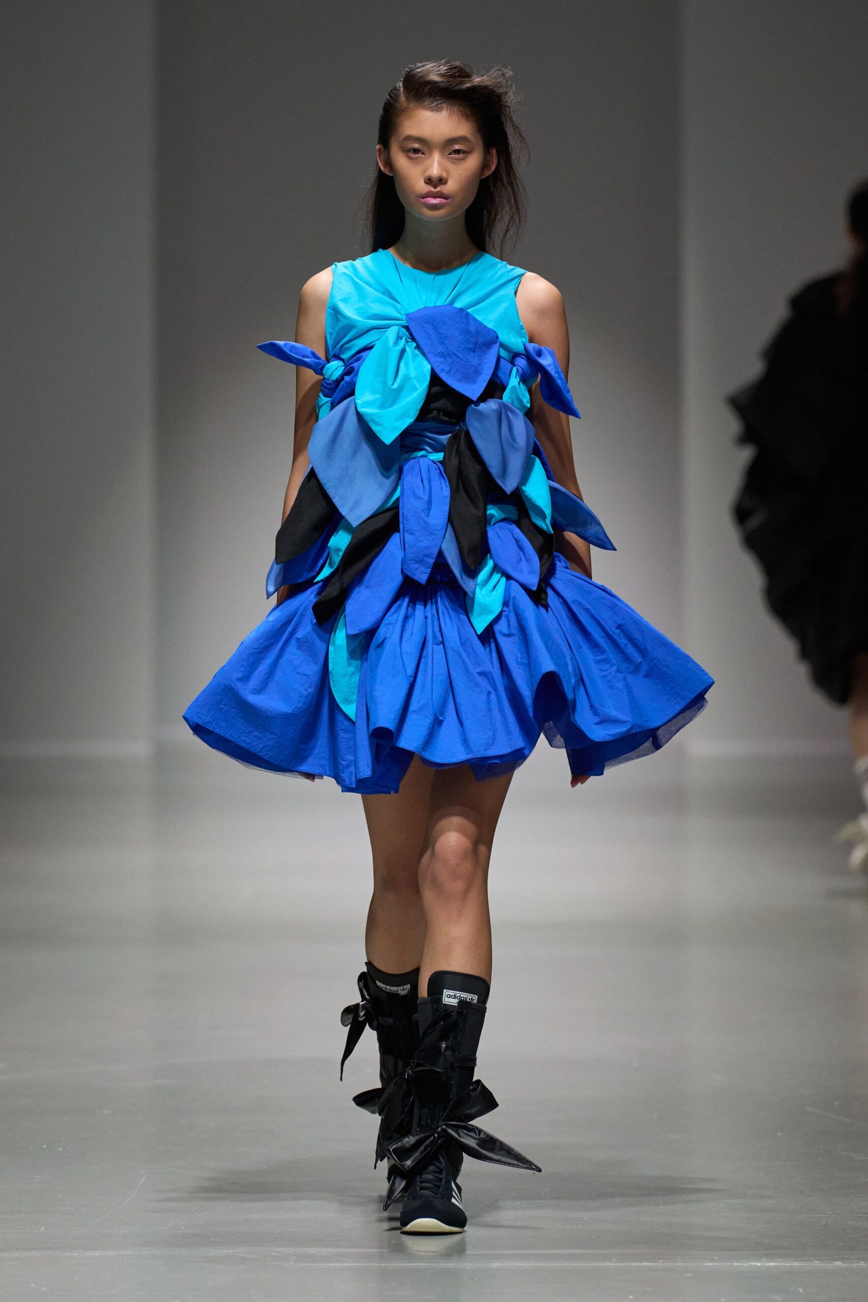 blue layered mini dress with black boots
