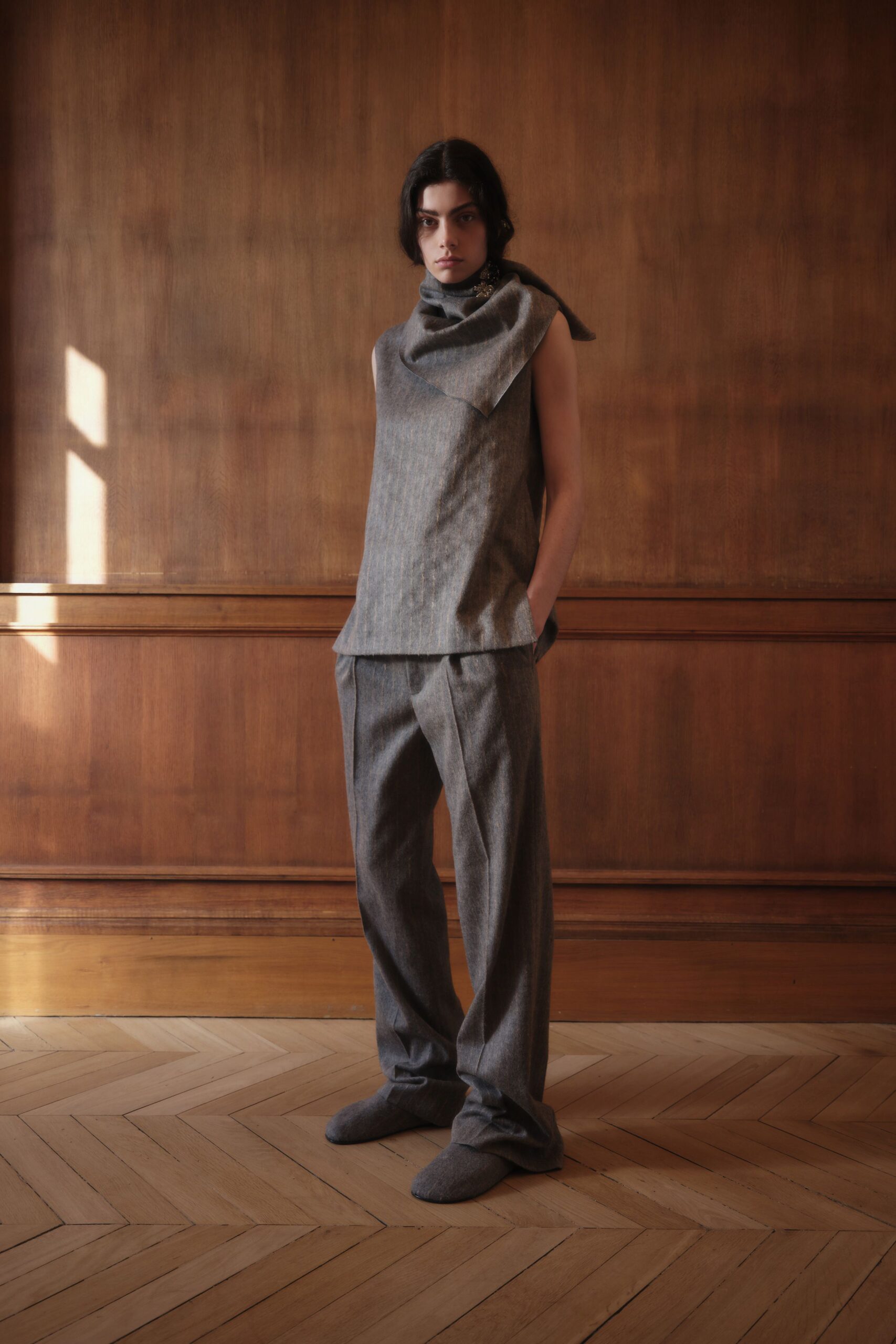 gray wool sleeveless high-neck relaxed draped top