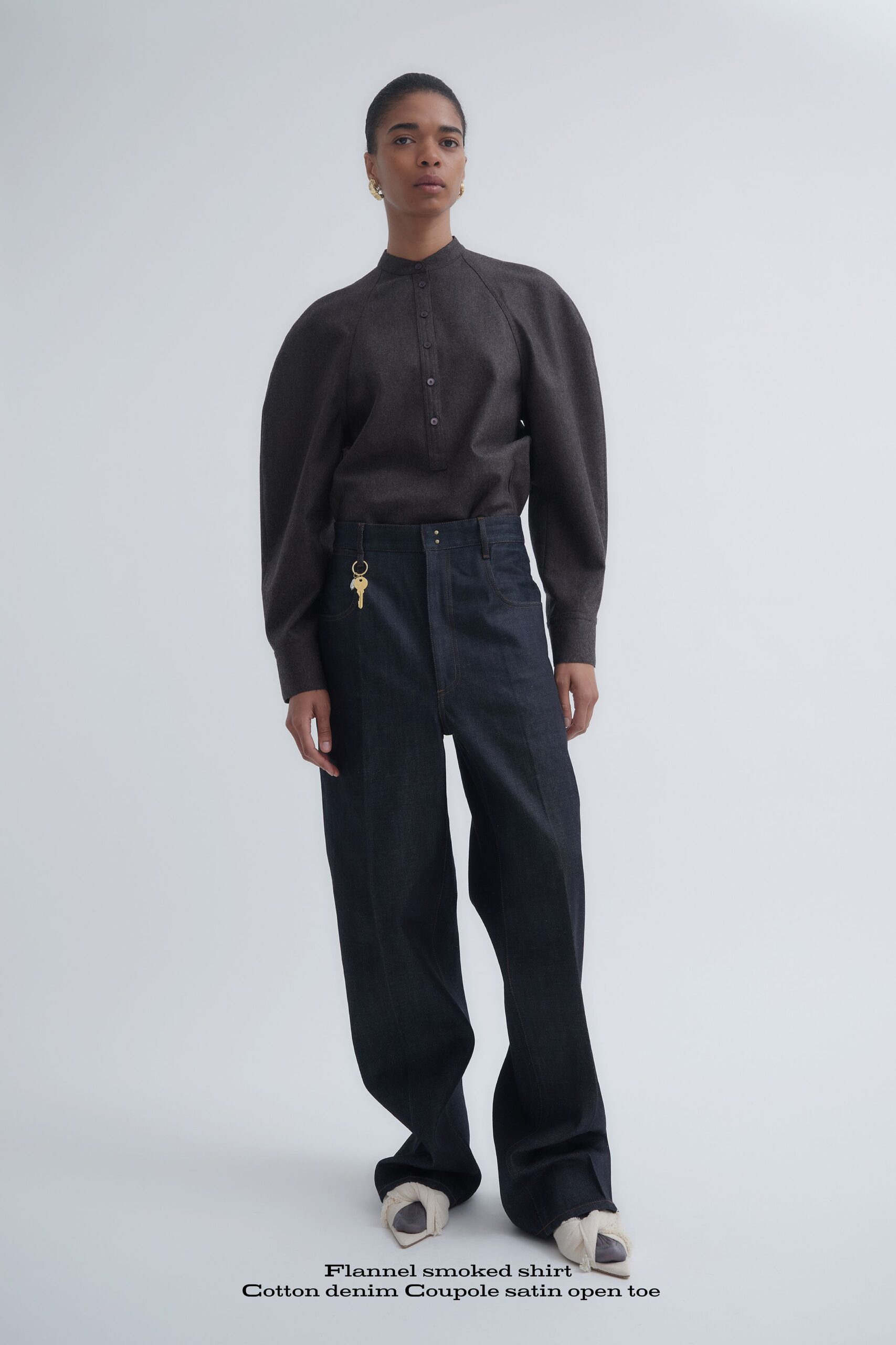 black cotton long-sleeve collared relaxed ruffled shirt