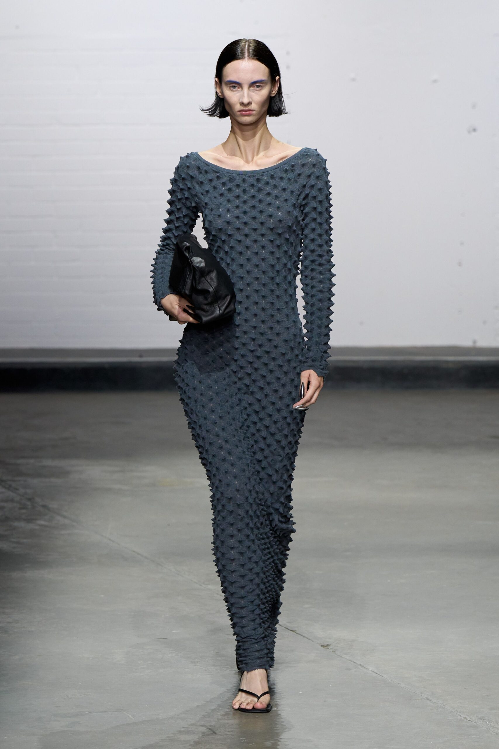 gray cotton long-sleeve scoop-neck fitted textured maxi dress