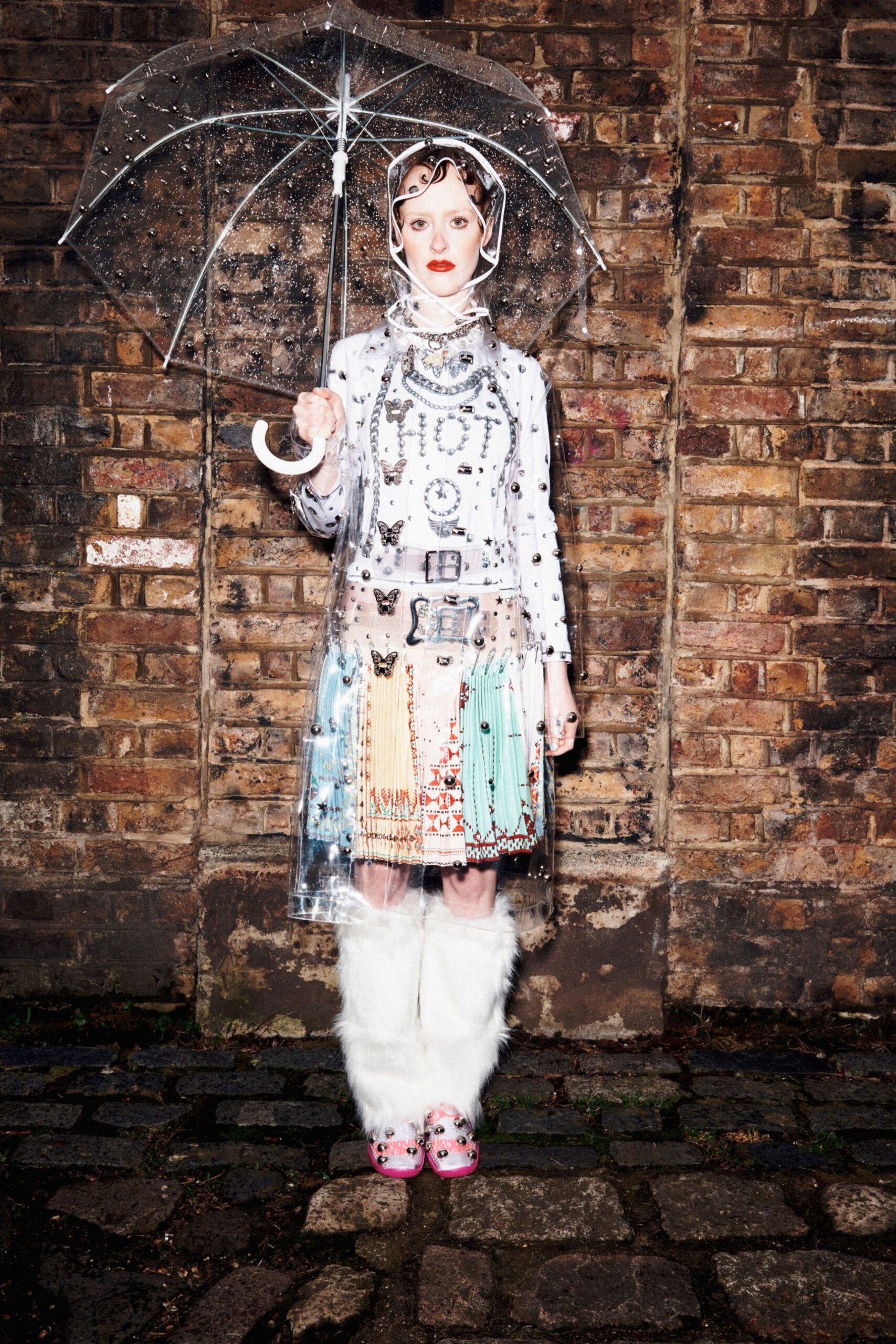 clear vinyl long-sleeve collared fitted printed sheer dress