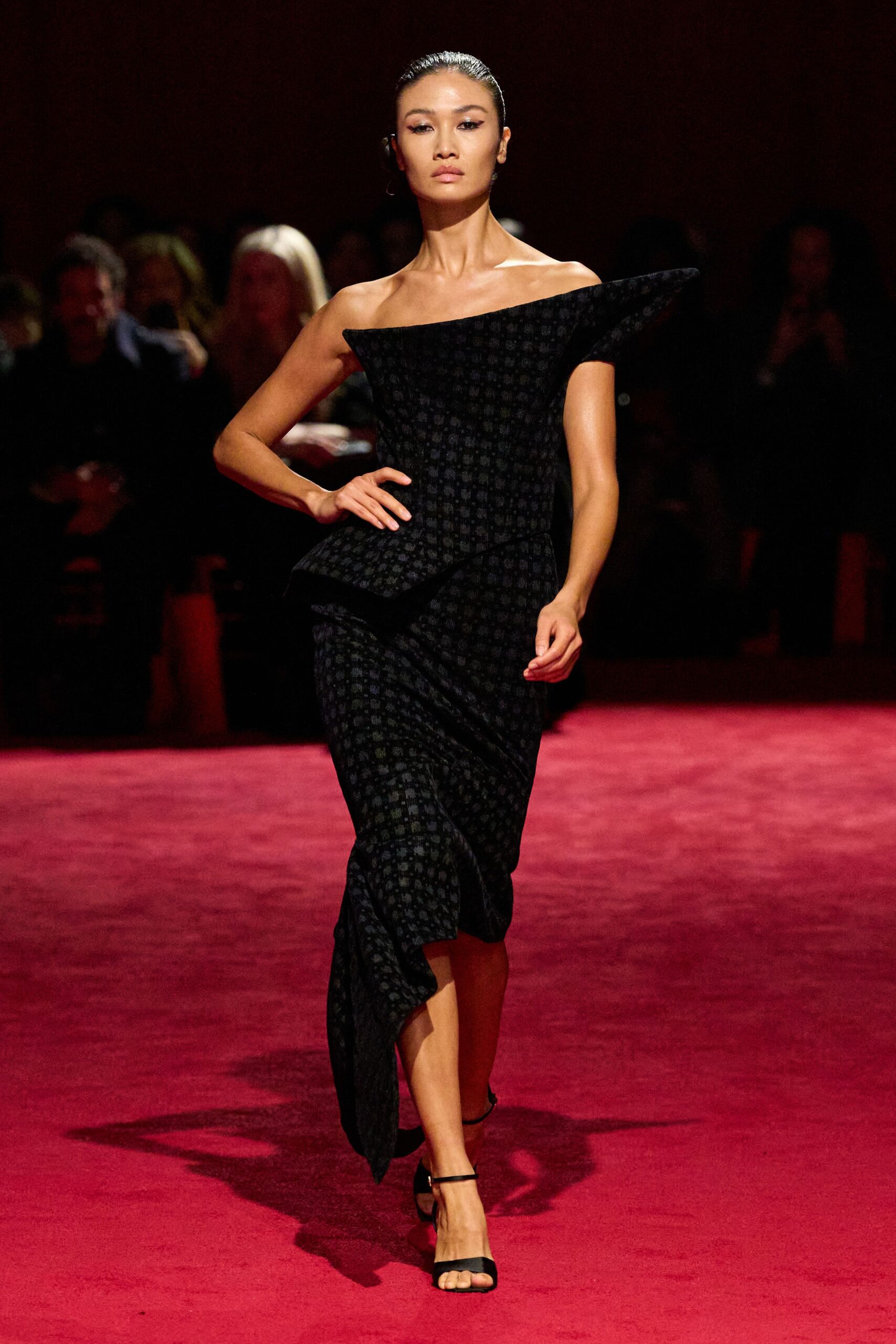 black off-shoulder asymmetric dress