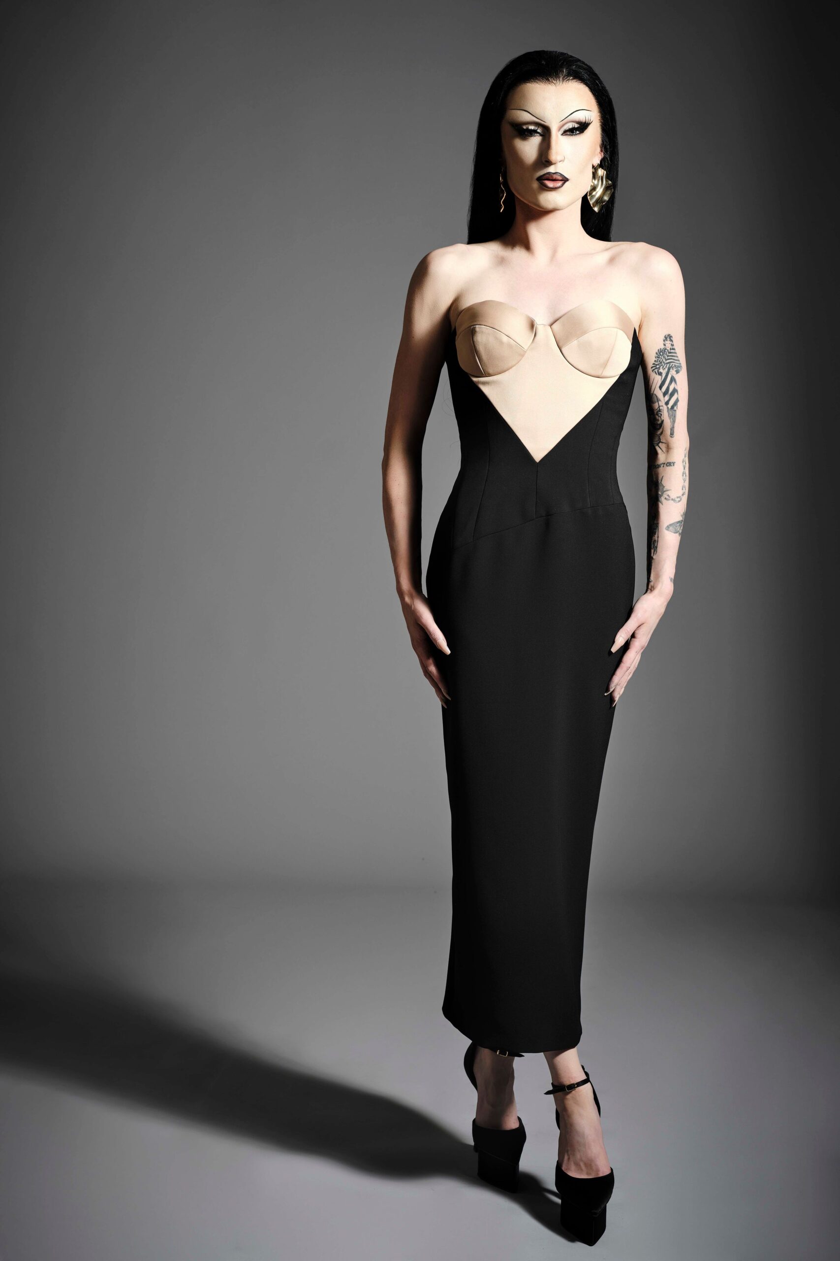 black and beige strapless gown