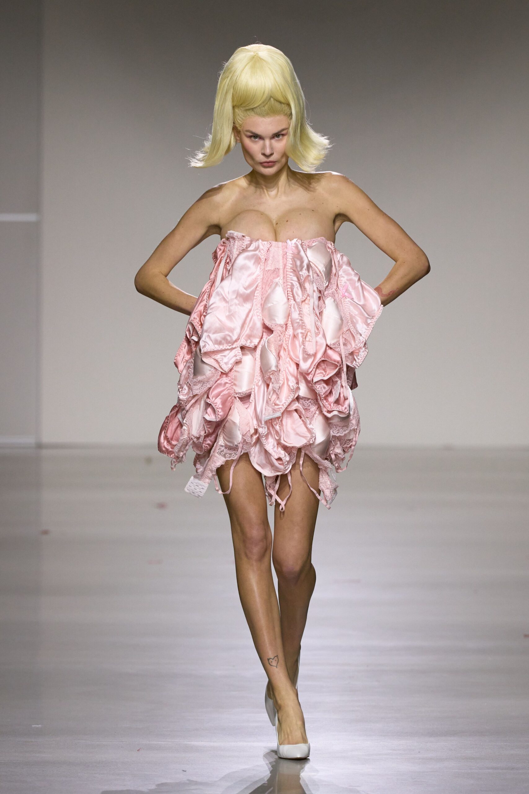 pink silk strapless fitted ruffled mini dress