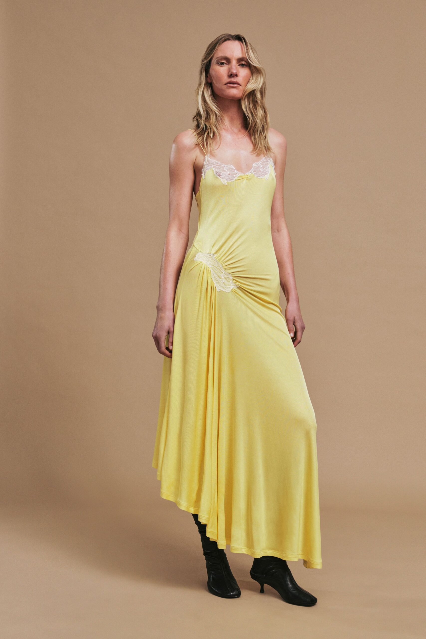 yellow cotton sleeveless v-neck relaxed draped flowing dress