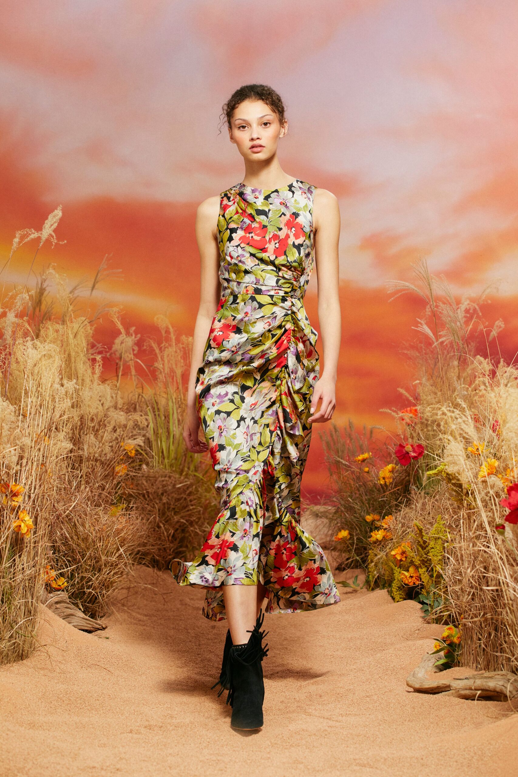 multi silk sleeveless v-neck fitted ruched flared dress
