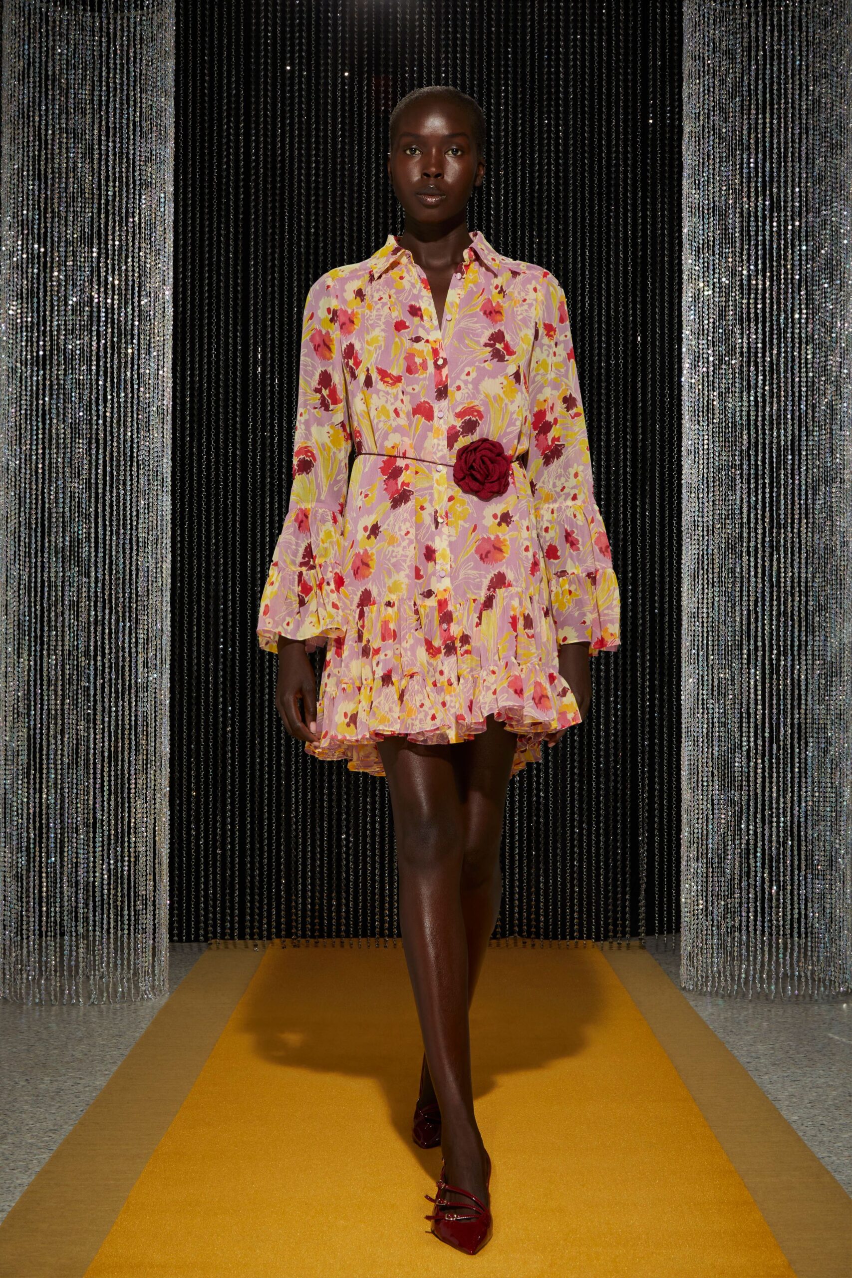 pink cotton long-sleeve collared fitted floral ruffled dress