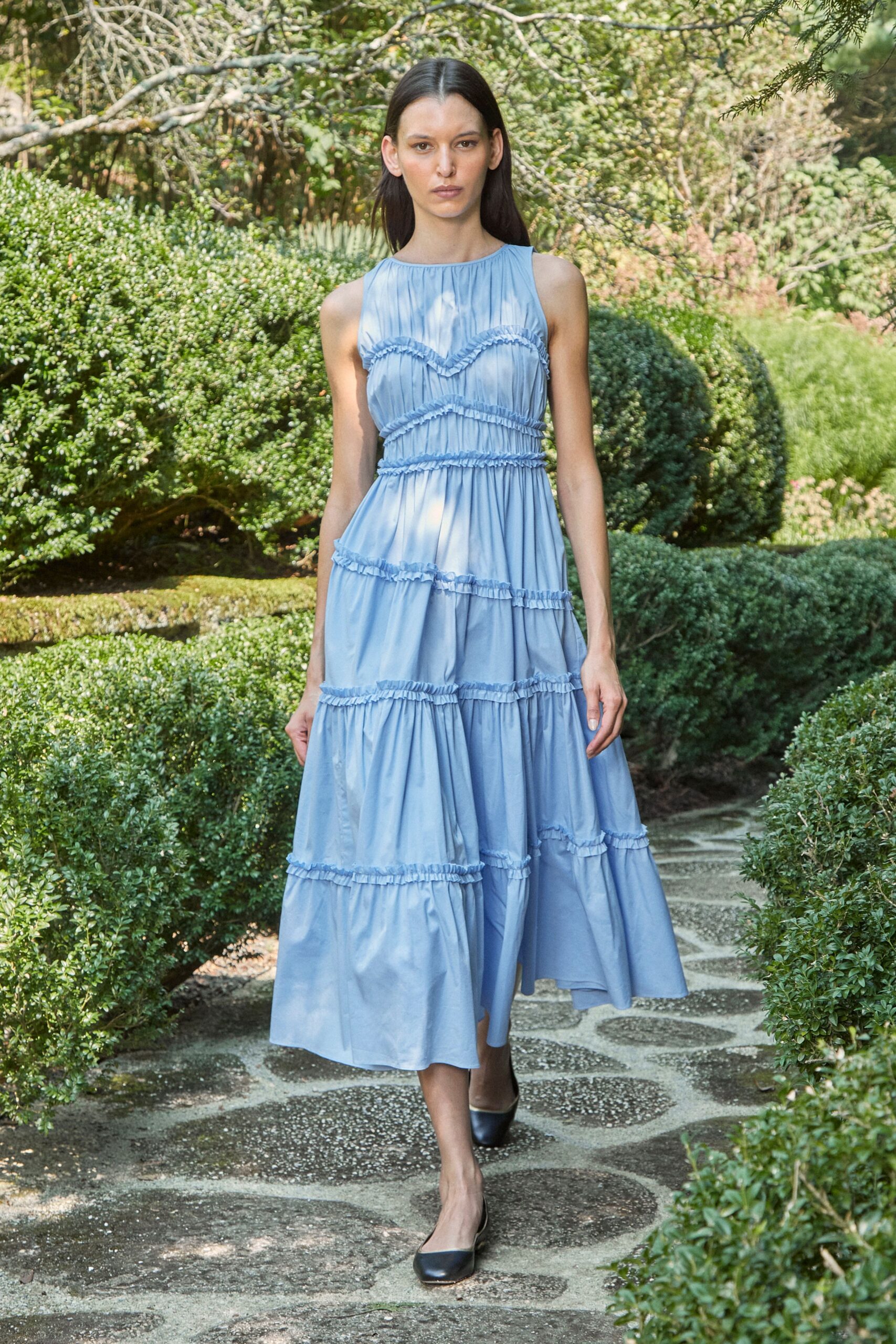 blue cotton sleeveless high-neck fitted tiered ruffled dress