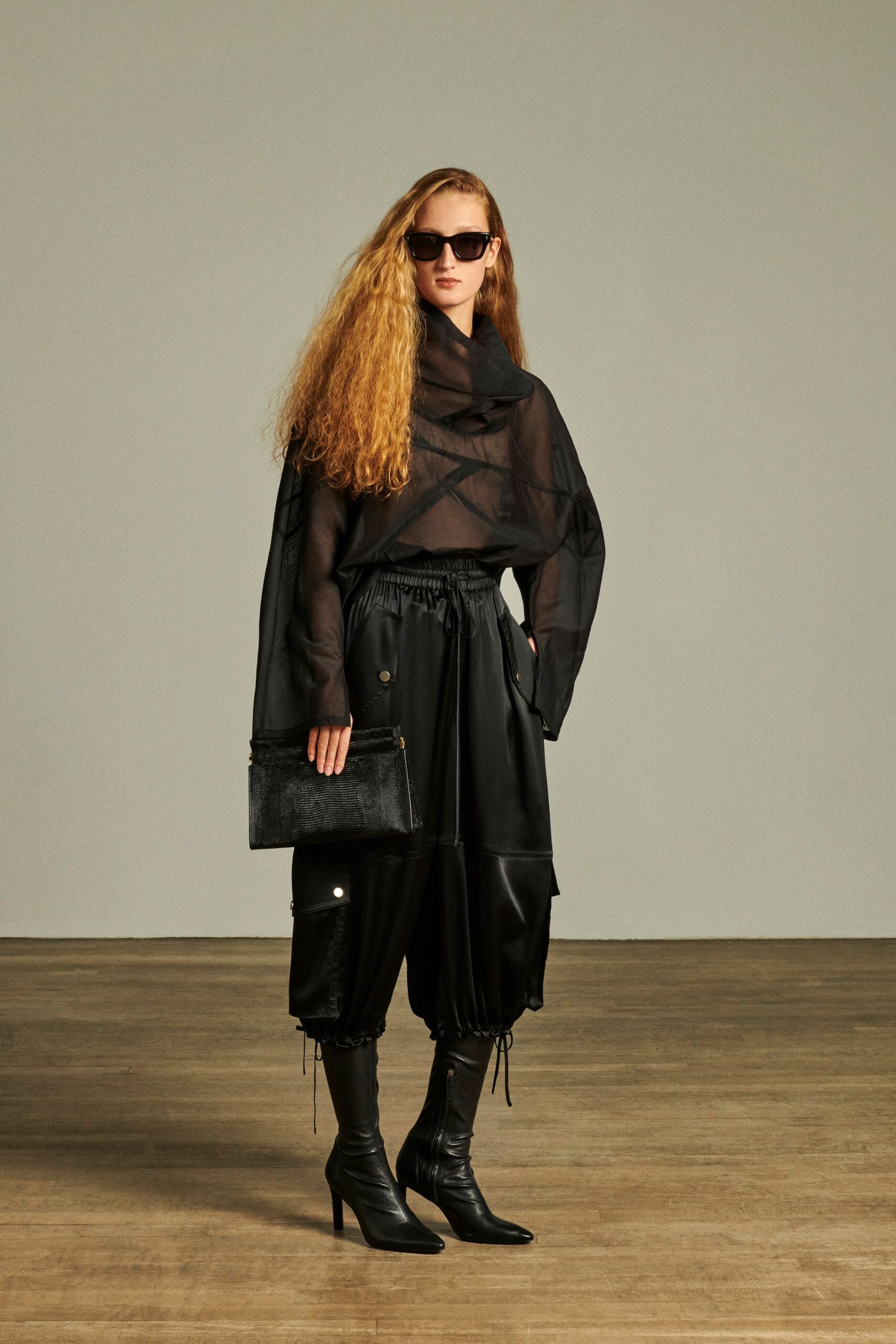 black silk long-sleeve high-neck relaxed draped sheer top