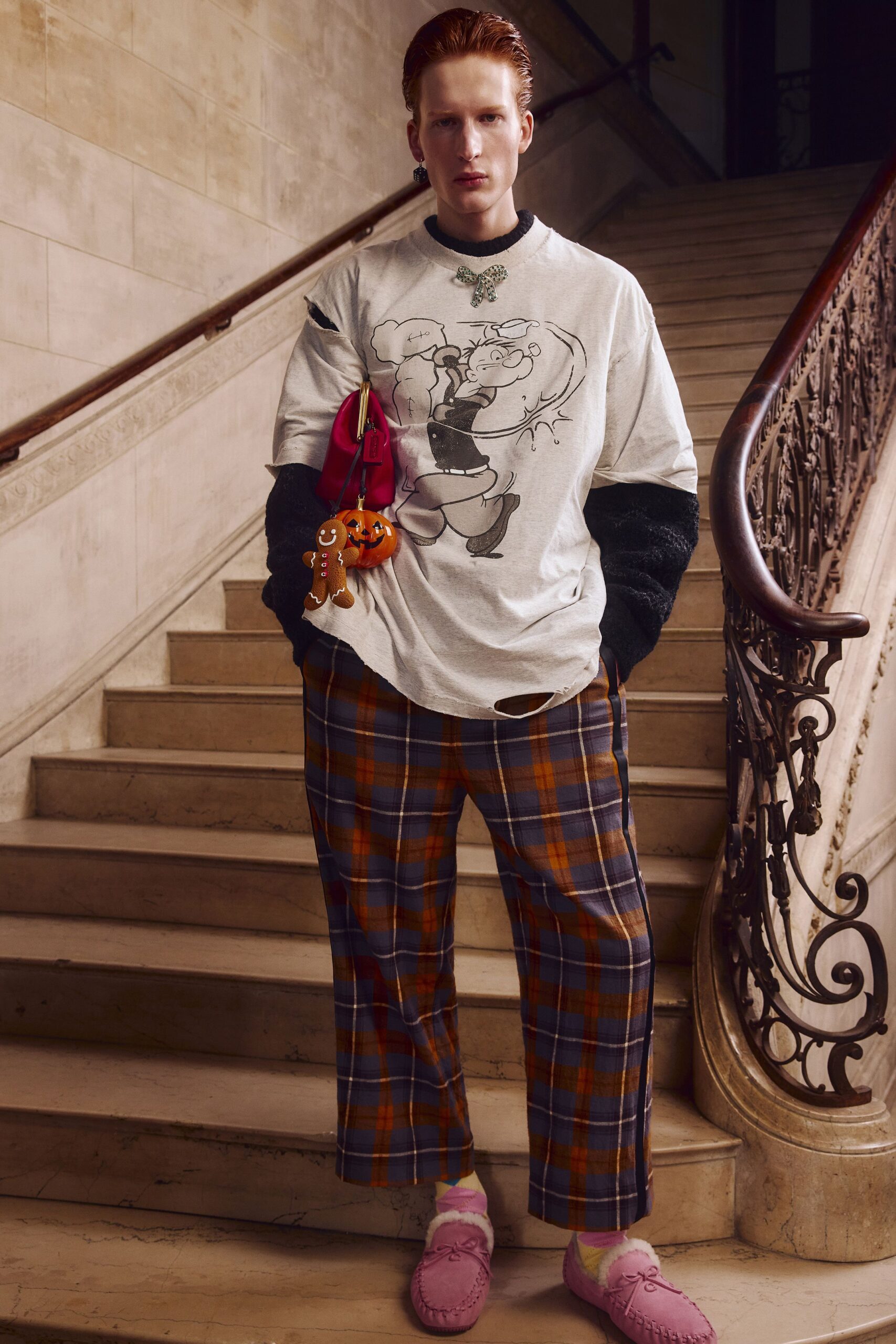 gray t-shirt with checked pants