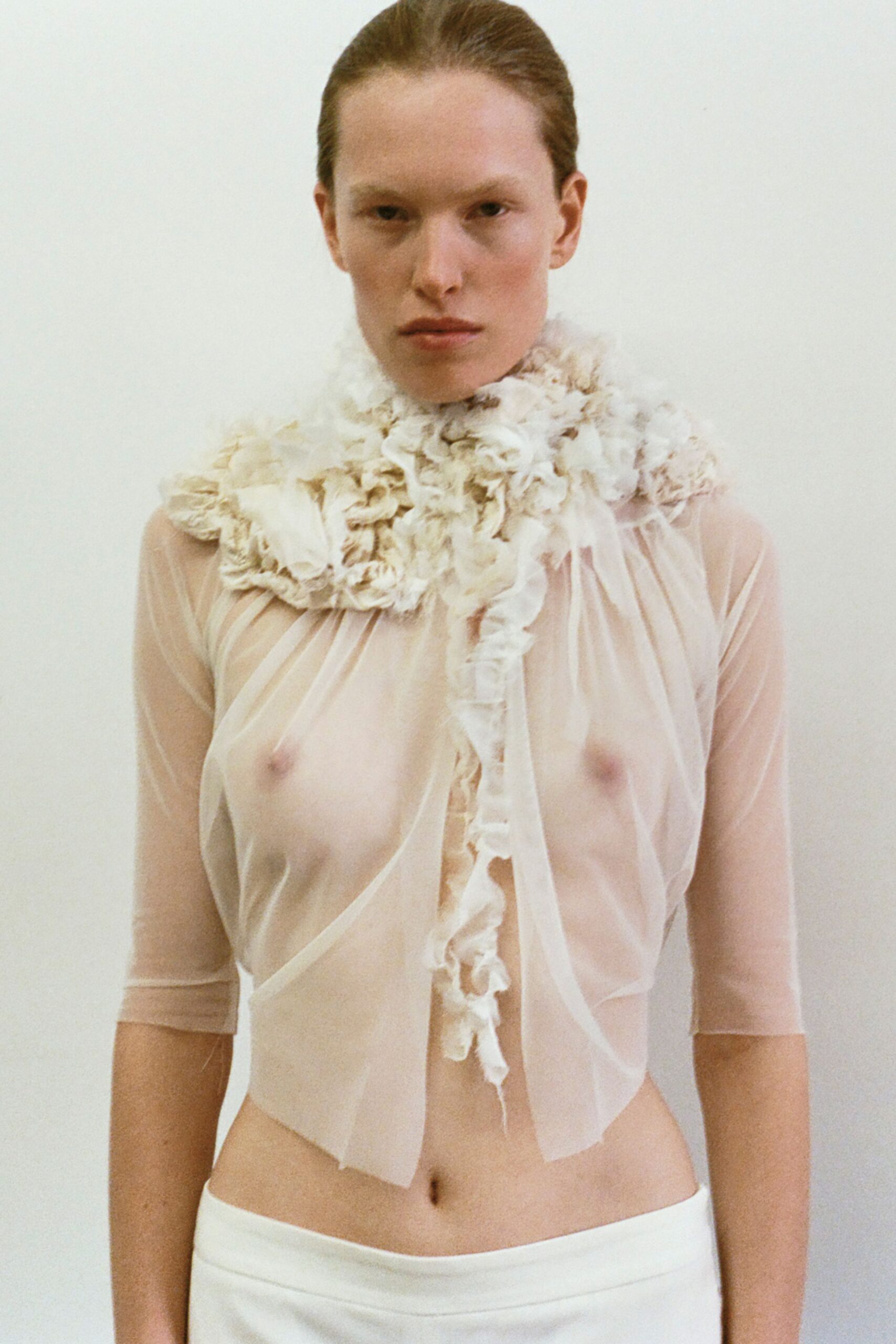 white chiffon long-sleeve collared fitted pleated ruffled top
