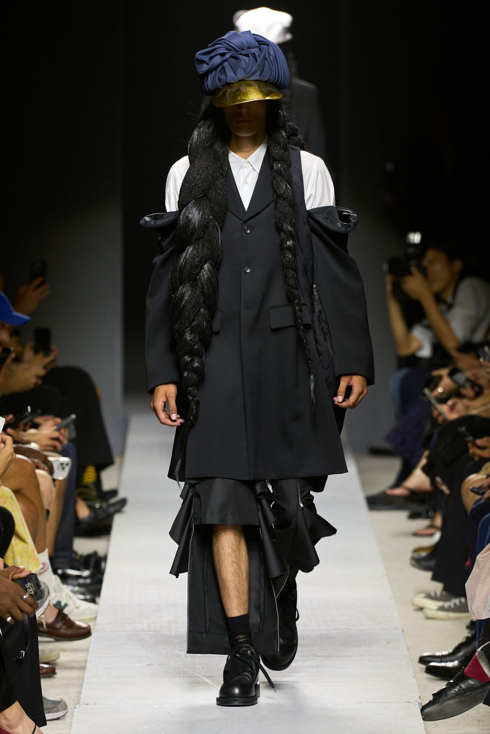 black wool asymmetric fitted ruffled midi skirt