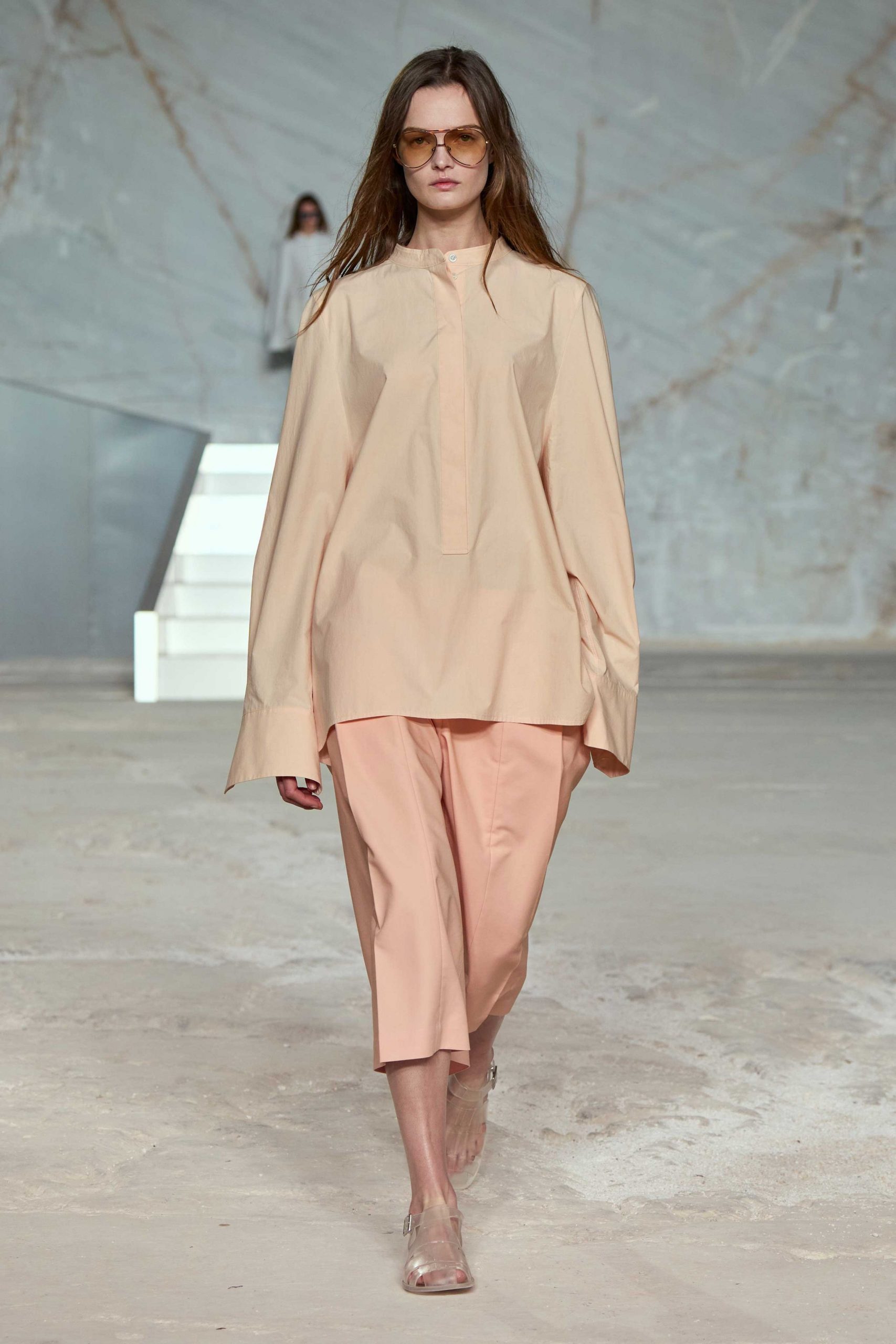 beige cotton long-sleeve collared oversized top