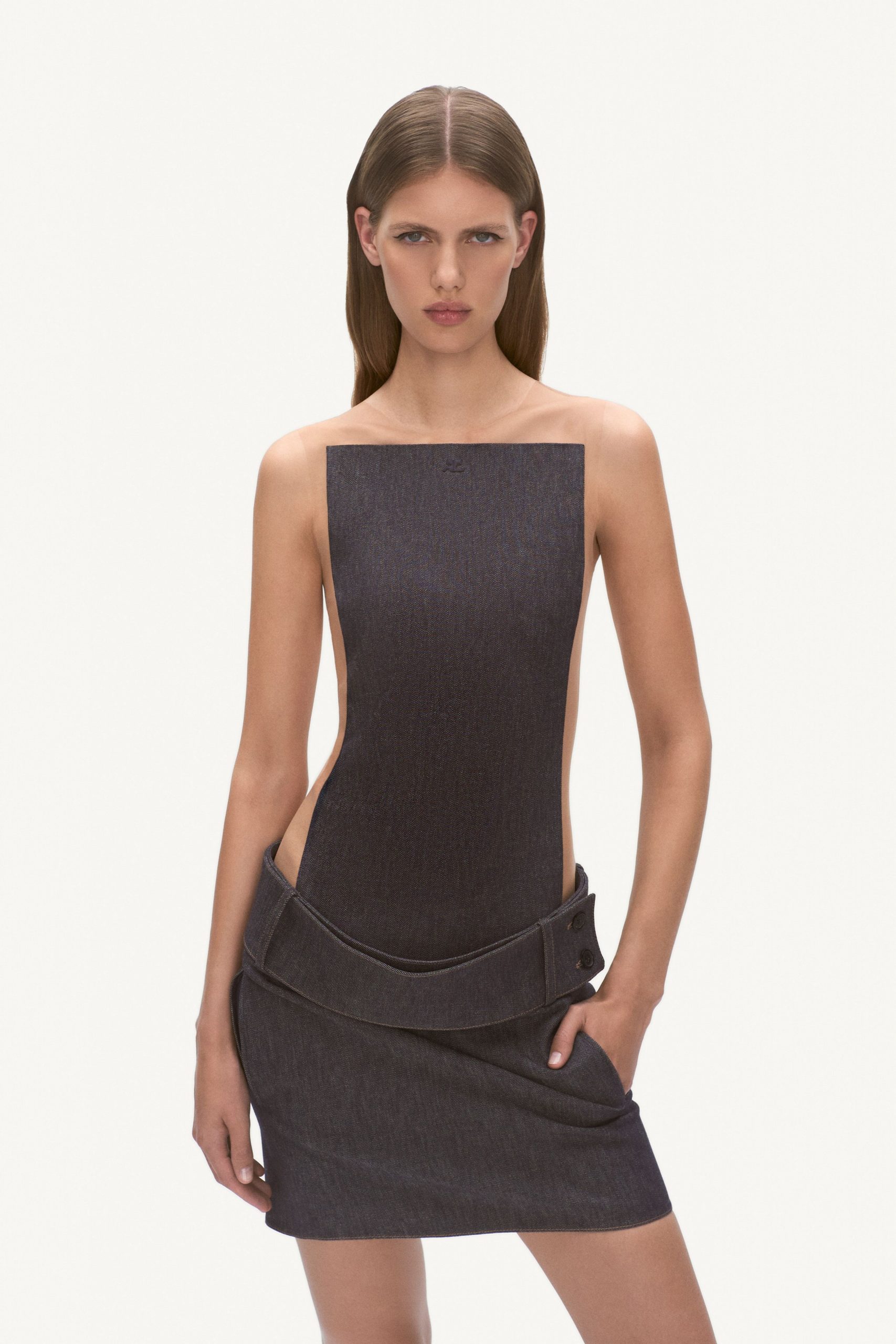 black denim sleeveless mini dress