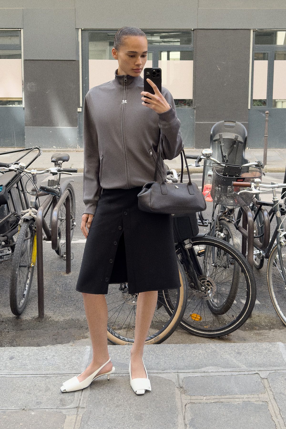 gray fitted jacket black pencil skirt