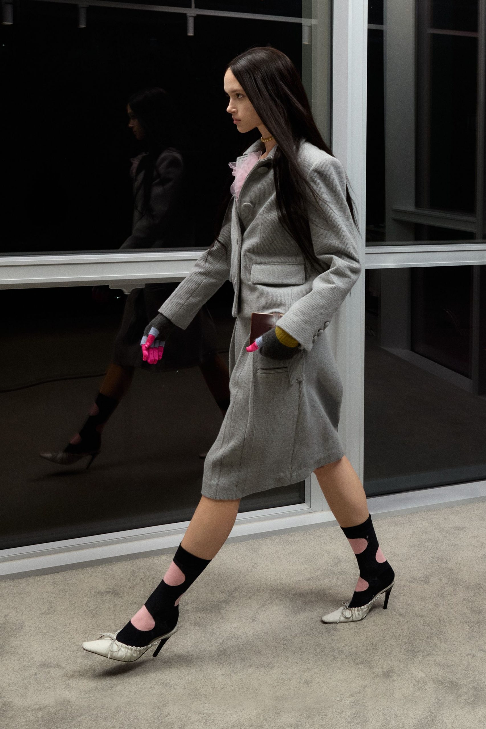 gray tailored blazer and pencil skirt