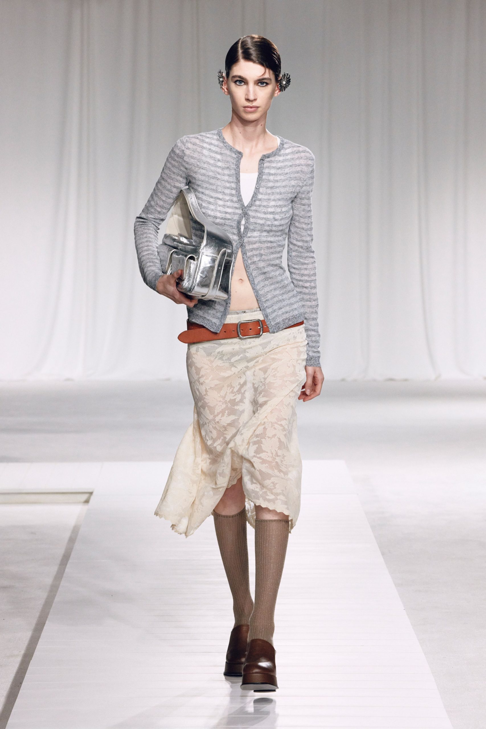 gray cardigan with lace skirt