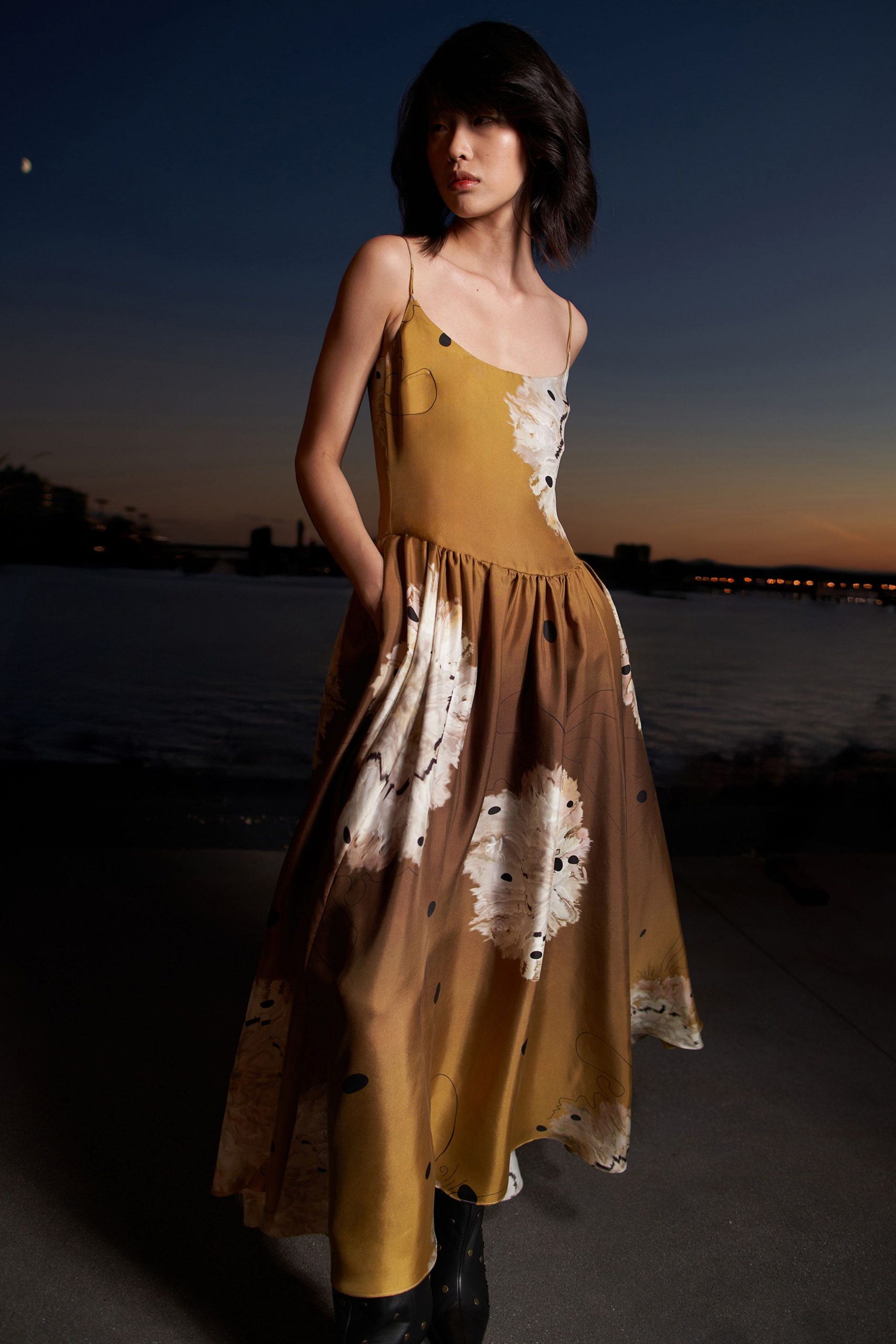 yellow silk sleeveless v-neck fitted flared printed dress