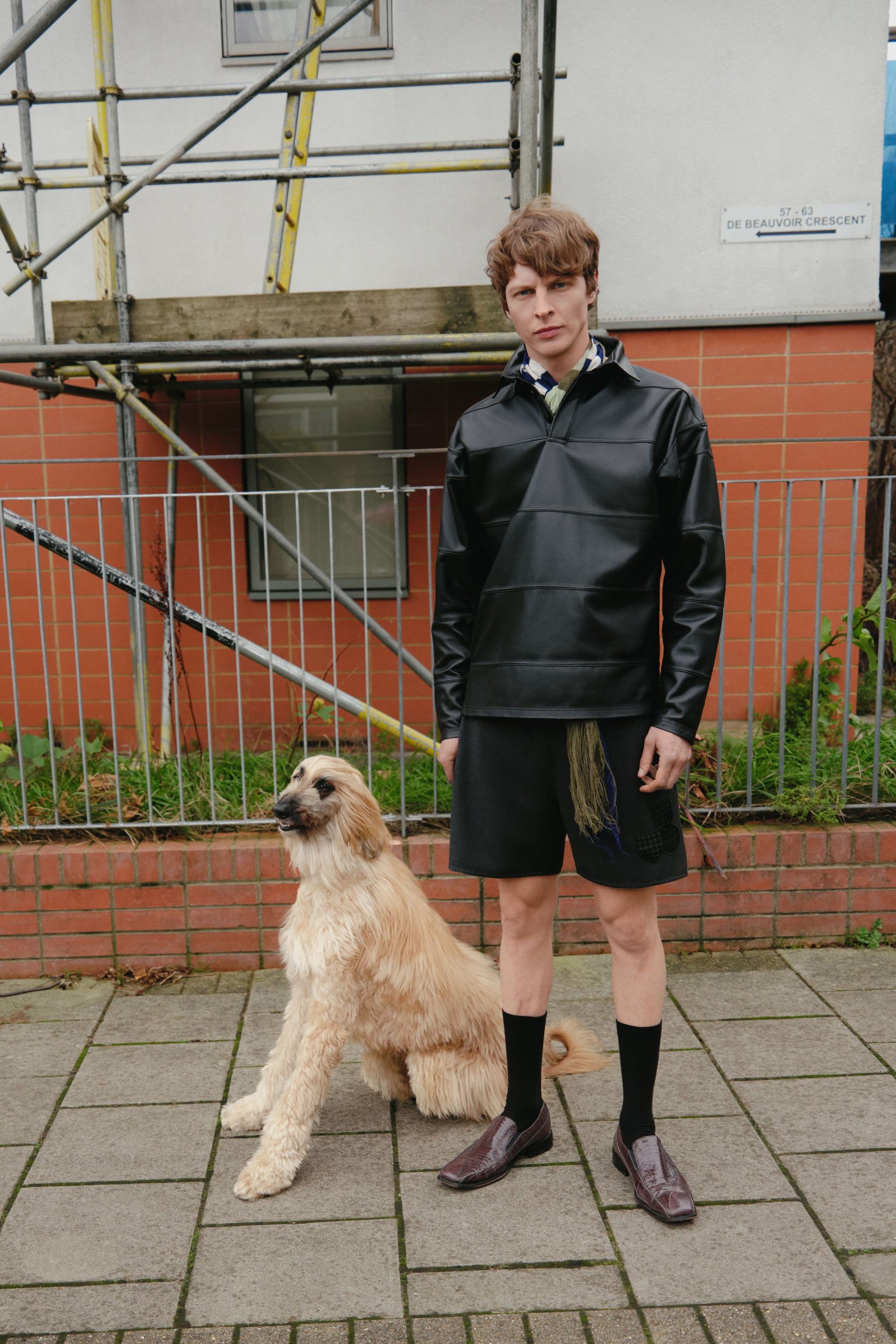 black leather jacket with shorts