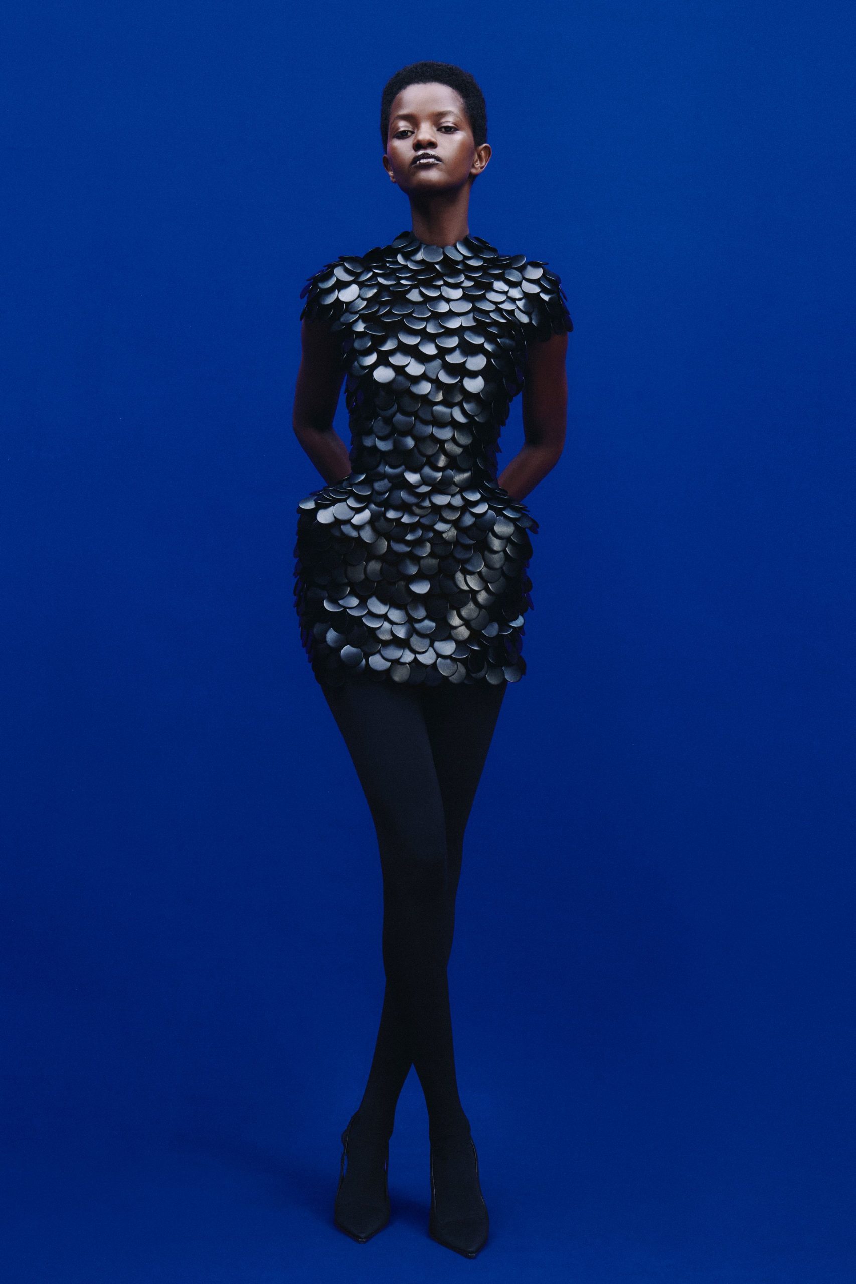 black mini dress with layered design