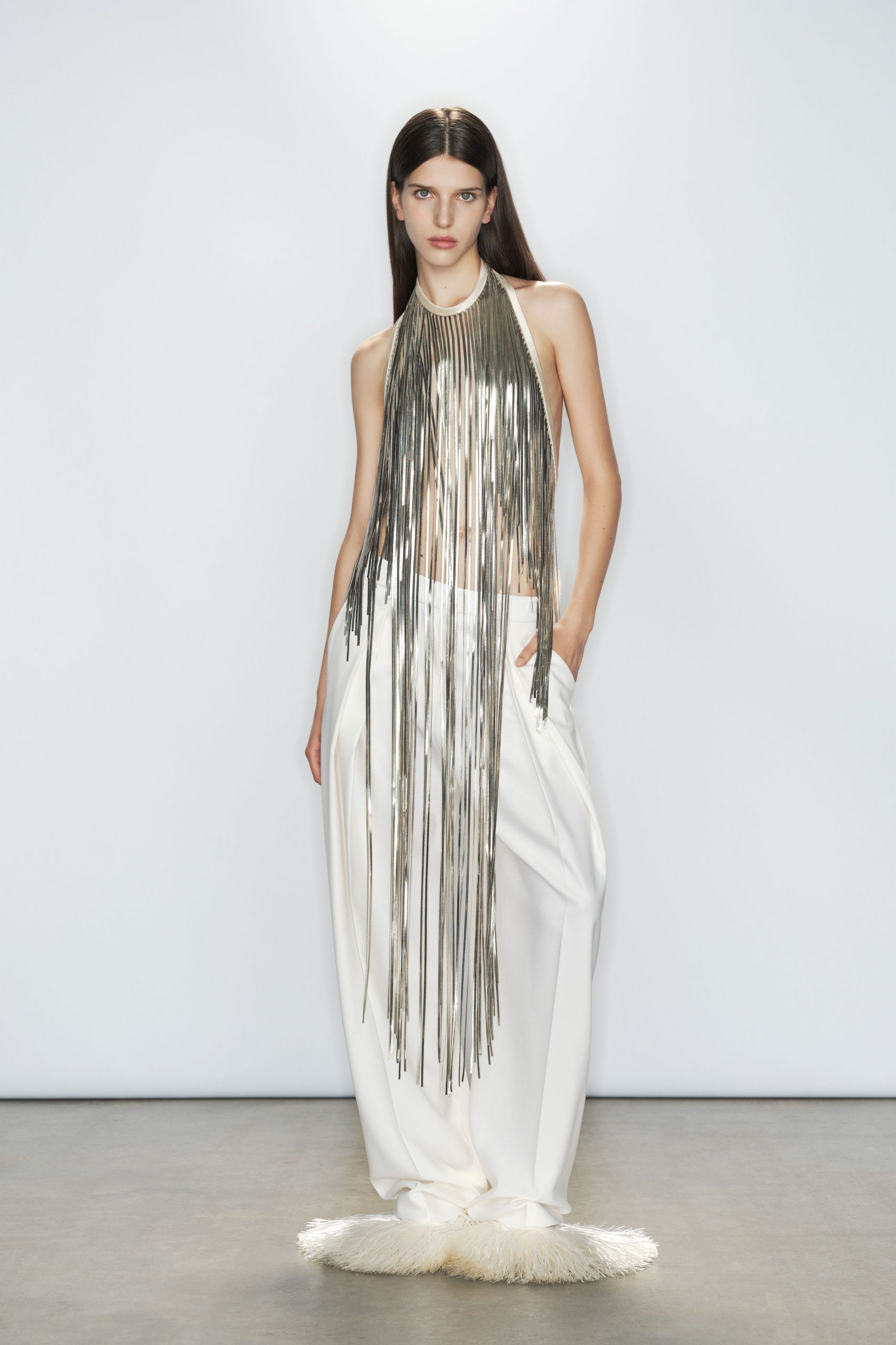 gray metallic sleeveless halter fitted fringed shiny top