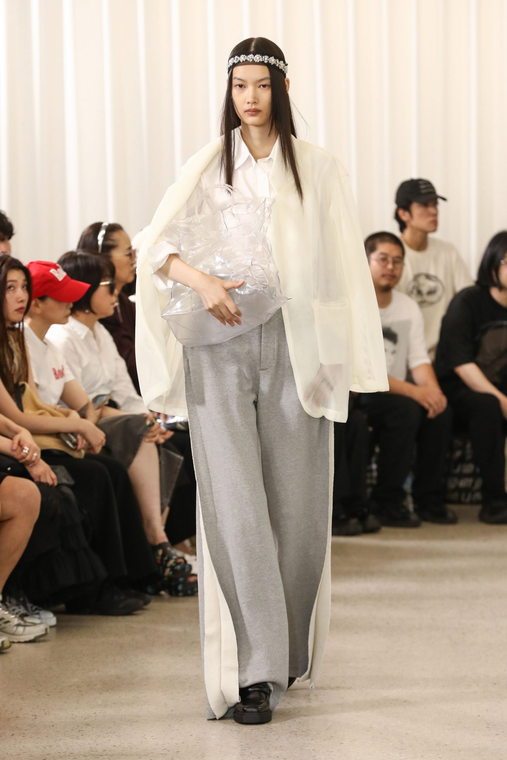 white silk long-sleeve collared relaxed layered flowing coat