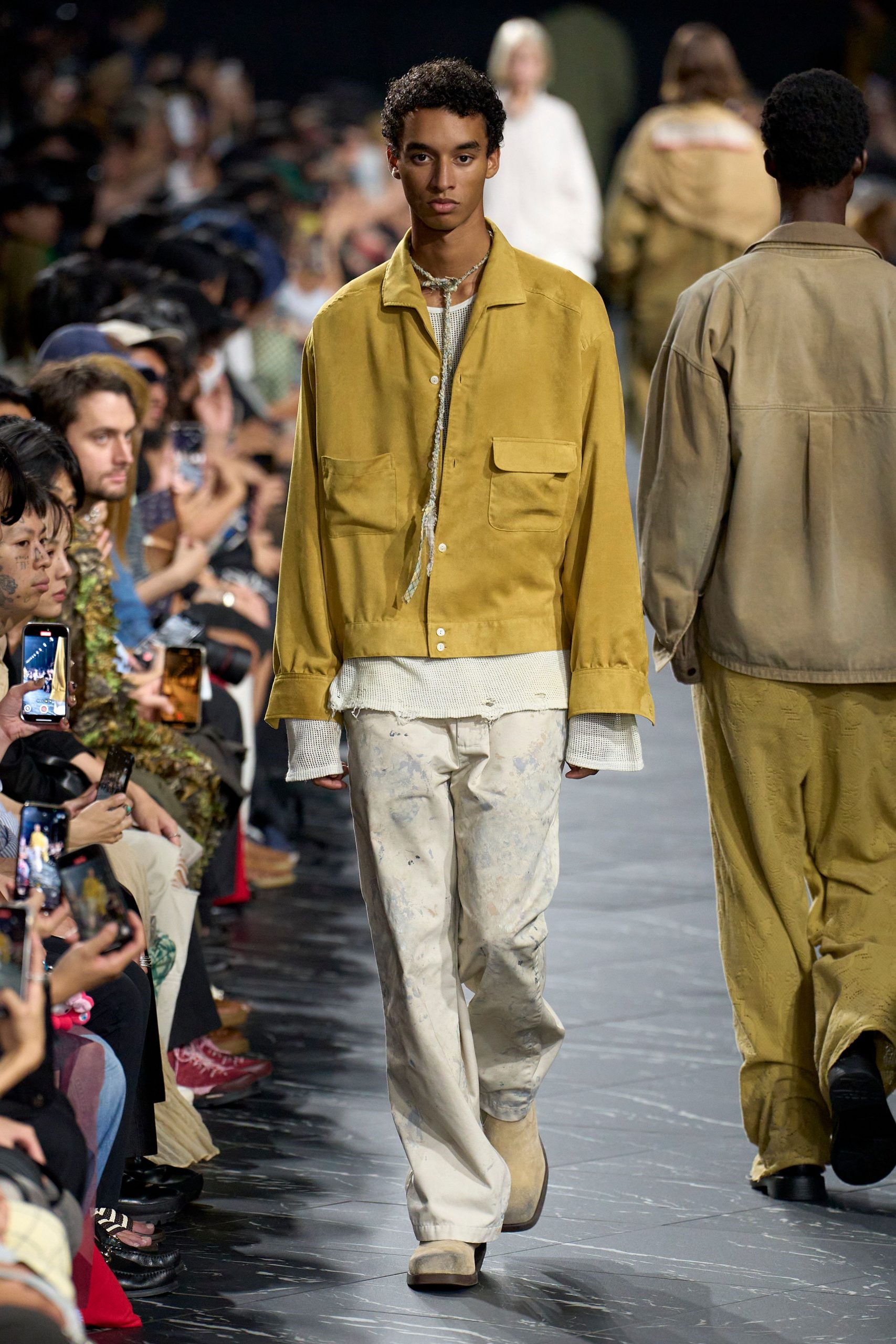 yellow relaxed jacket with beige pants