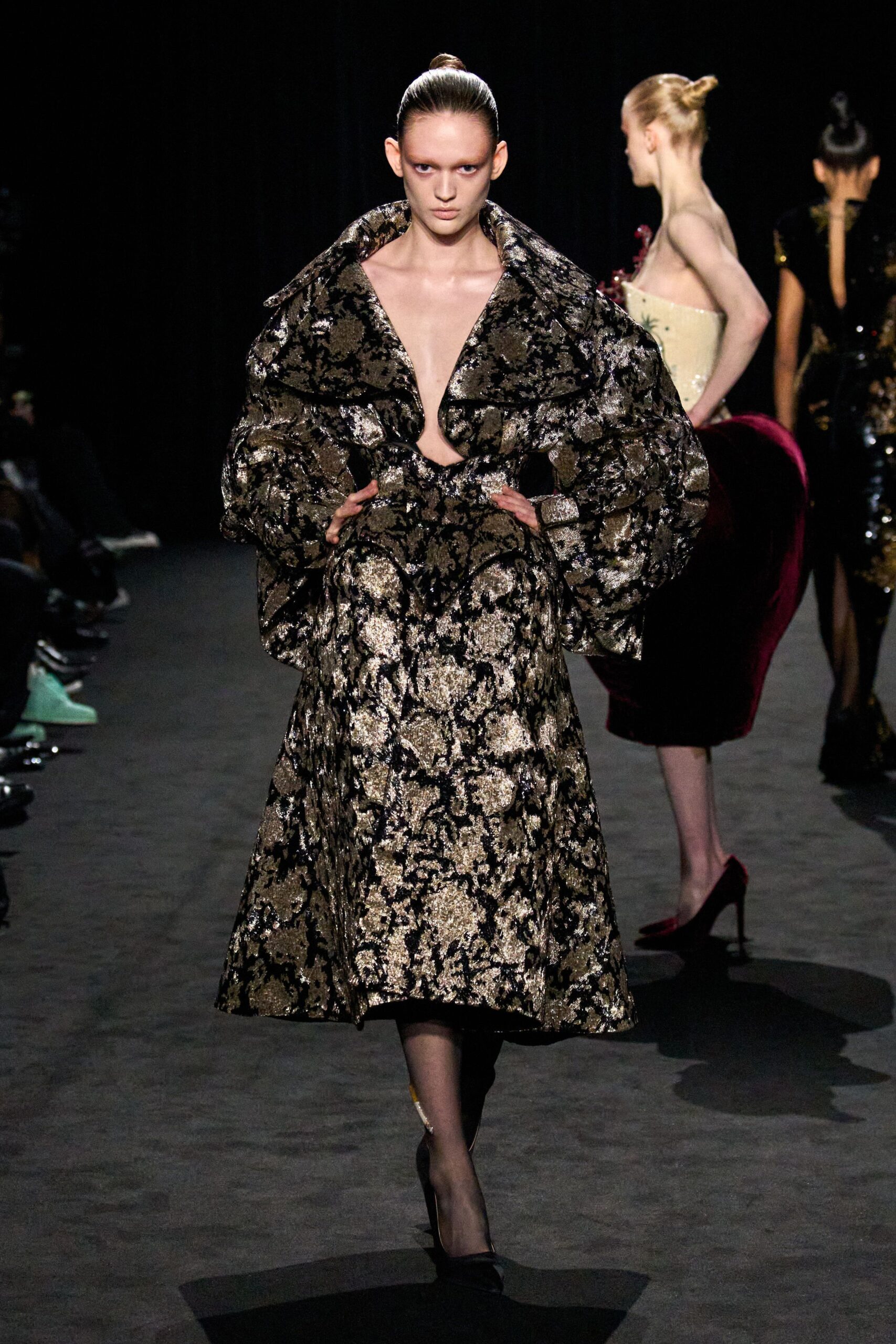 black silk long-sleeve v-neck fitted flared embroidered gown