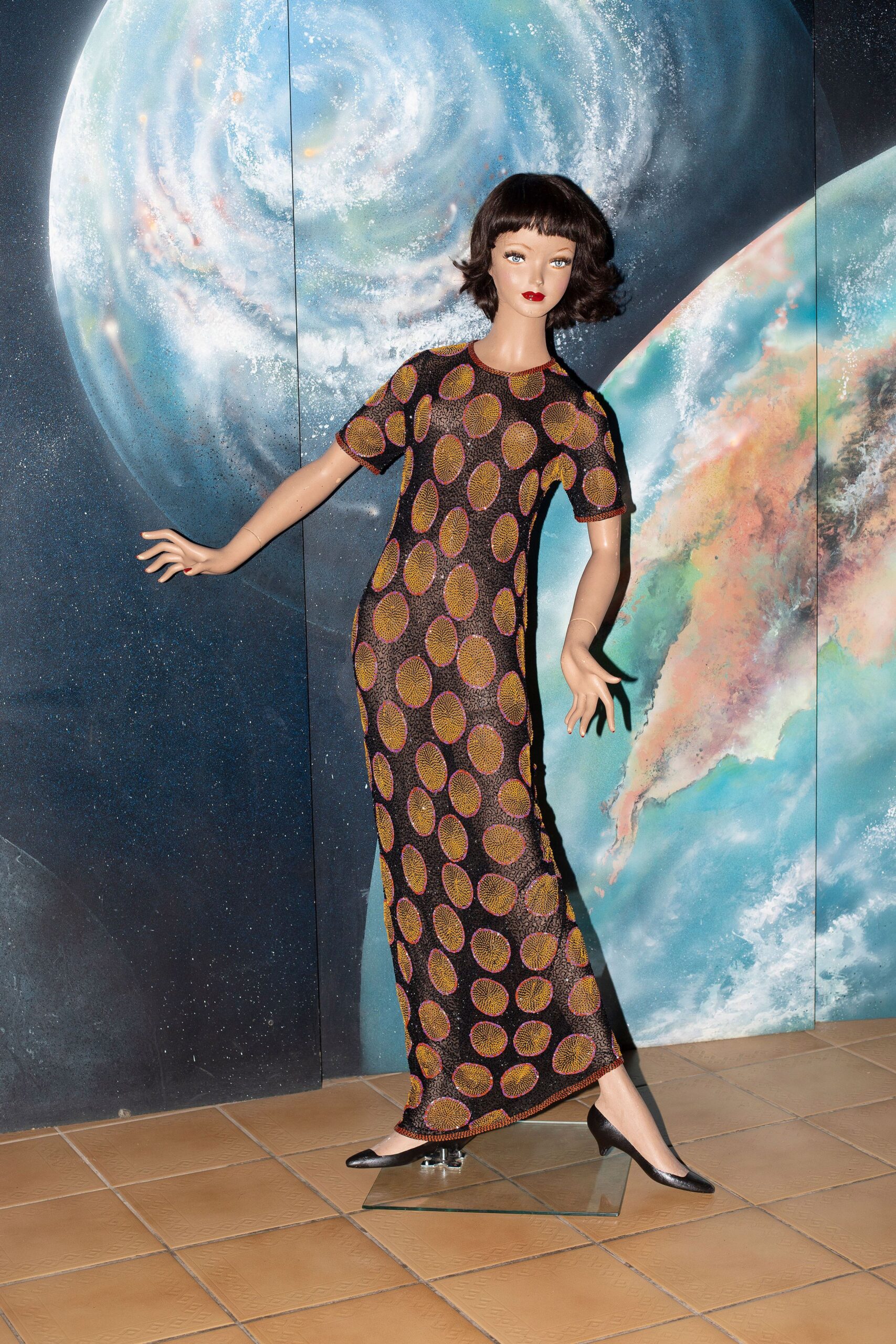 black and orange printed maxi dress