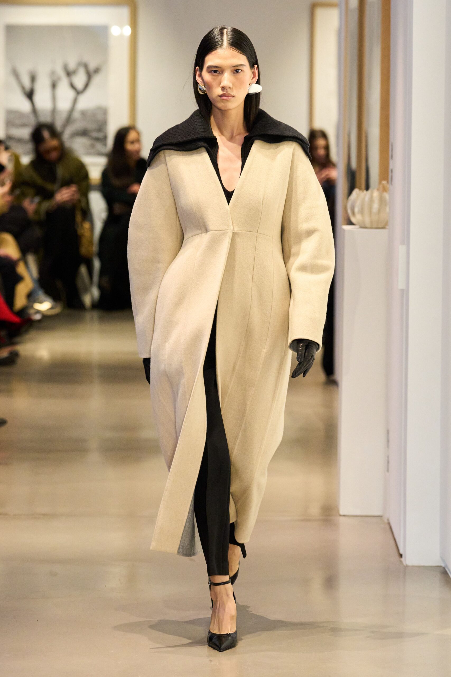 beige wool long-sleeve v-neck fitted structured coat