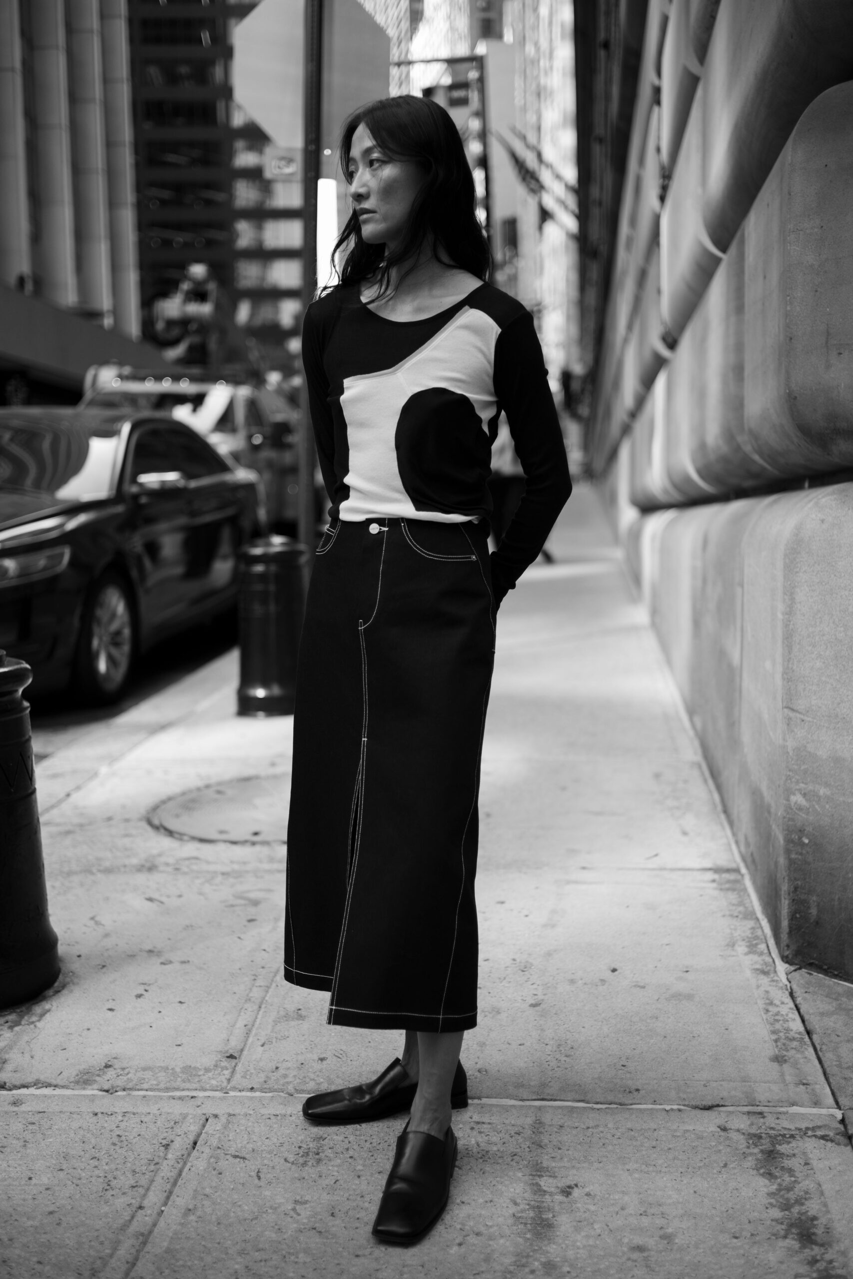 black denim relaxed straight-leg pockets midi skirt