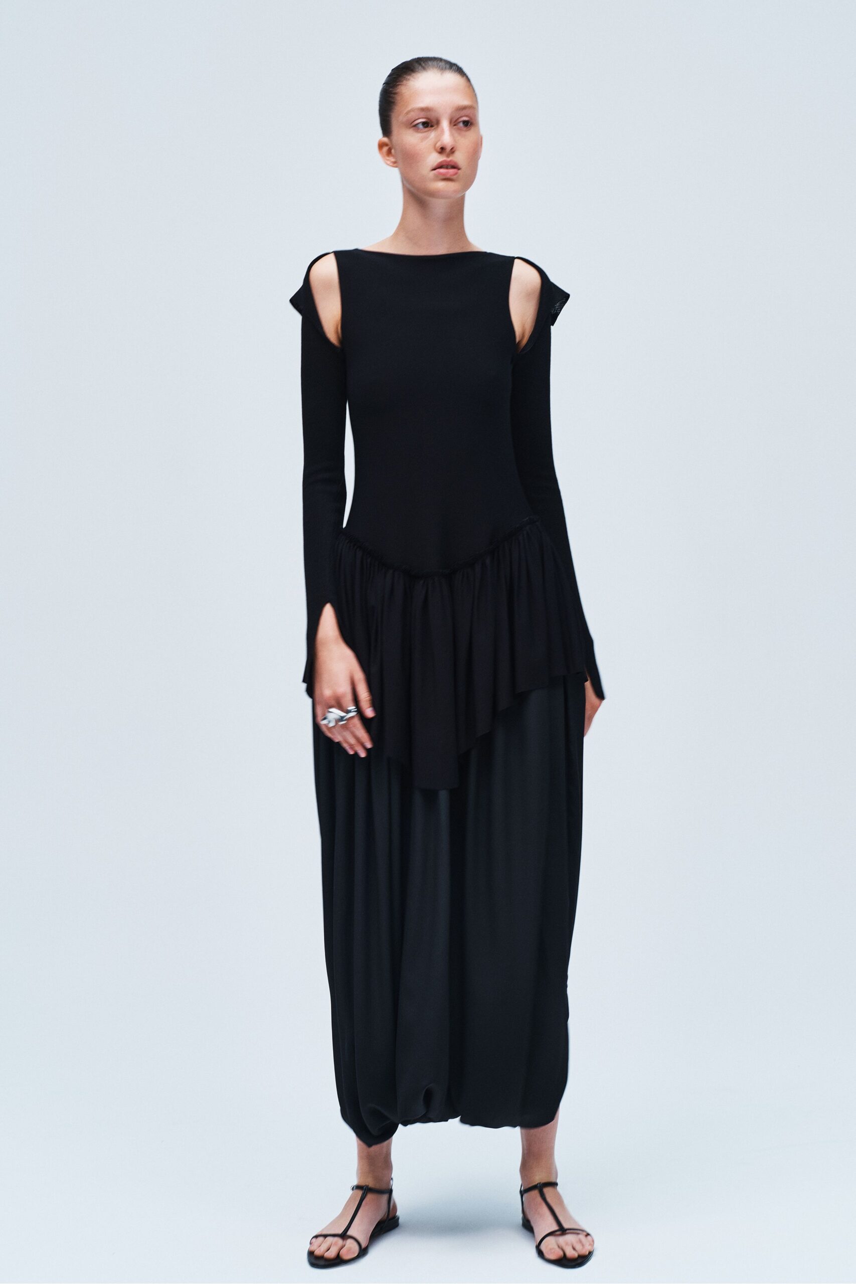 black draped maxi dress with sandals