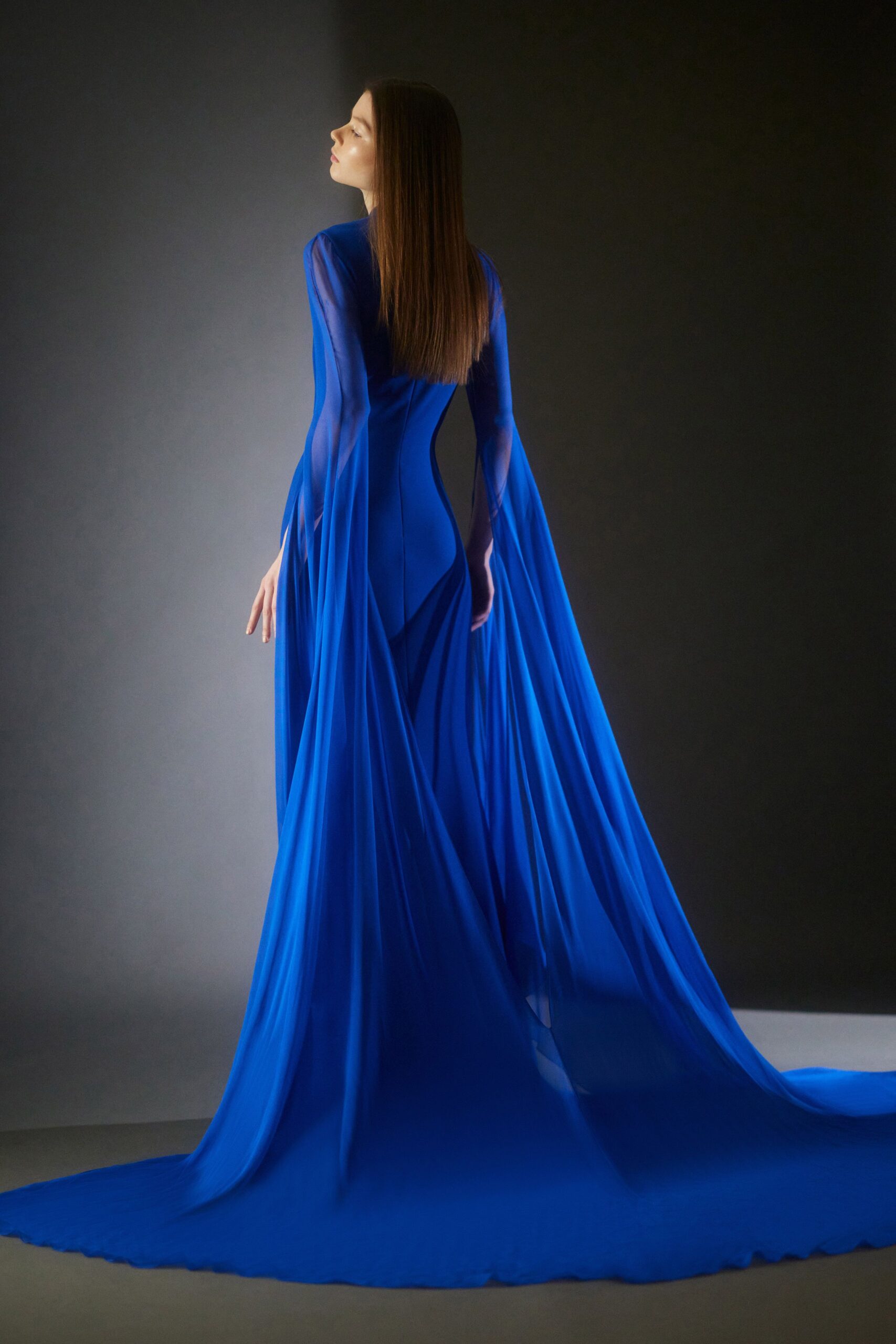 blue chiffon long-sleeve gown