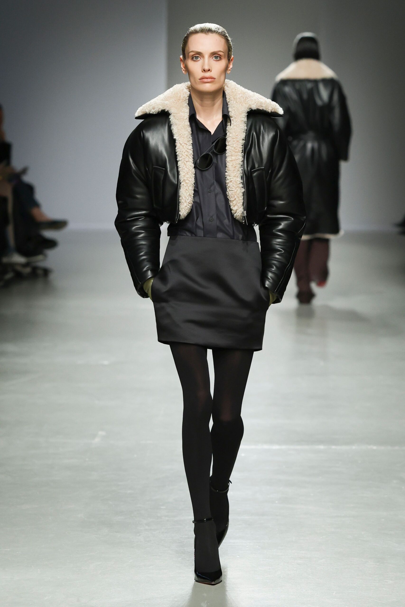 black leather jacket and skirt