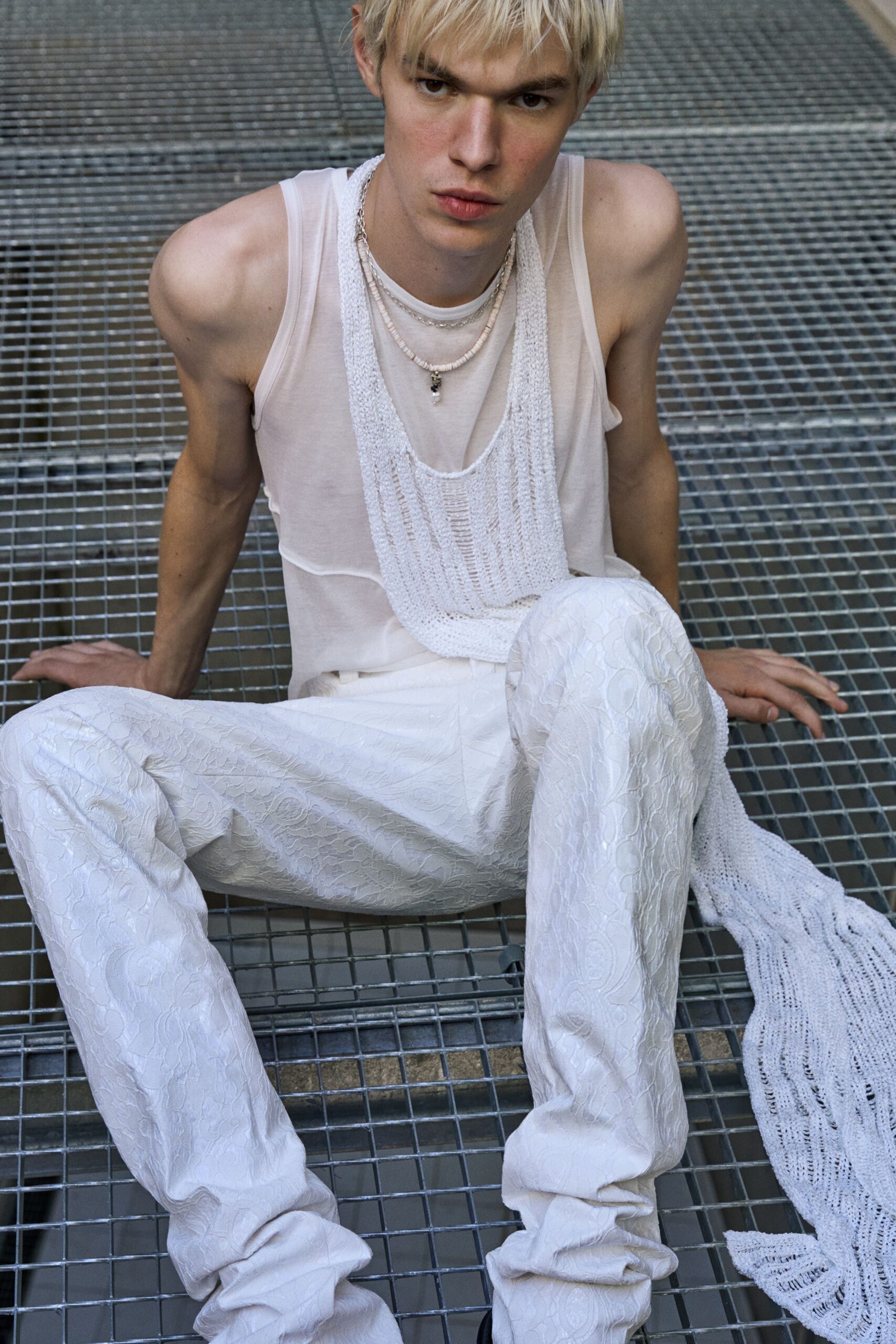 white lace fitted flared sheer pants