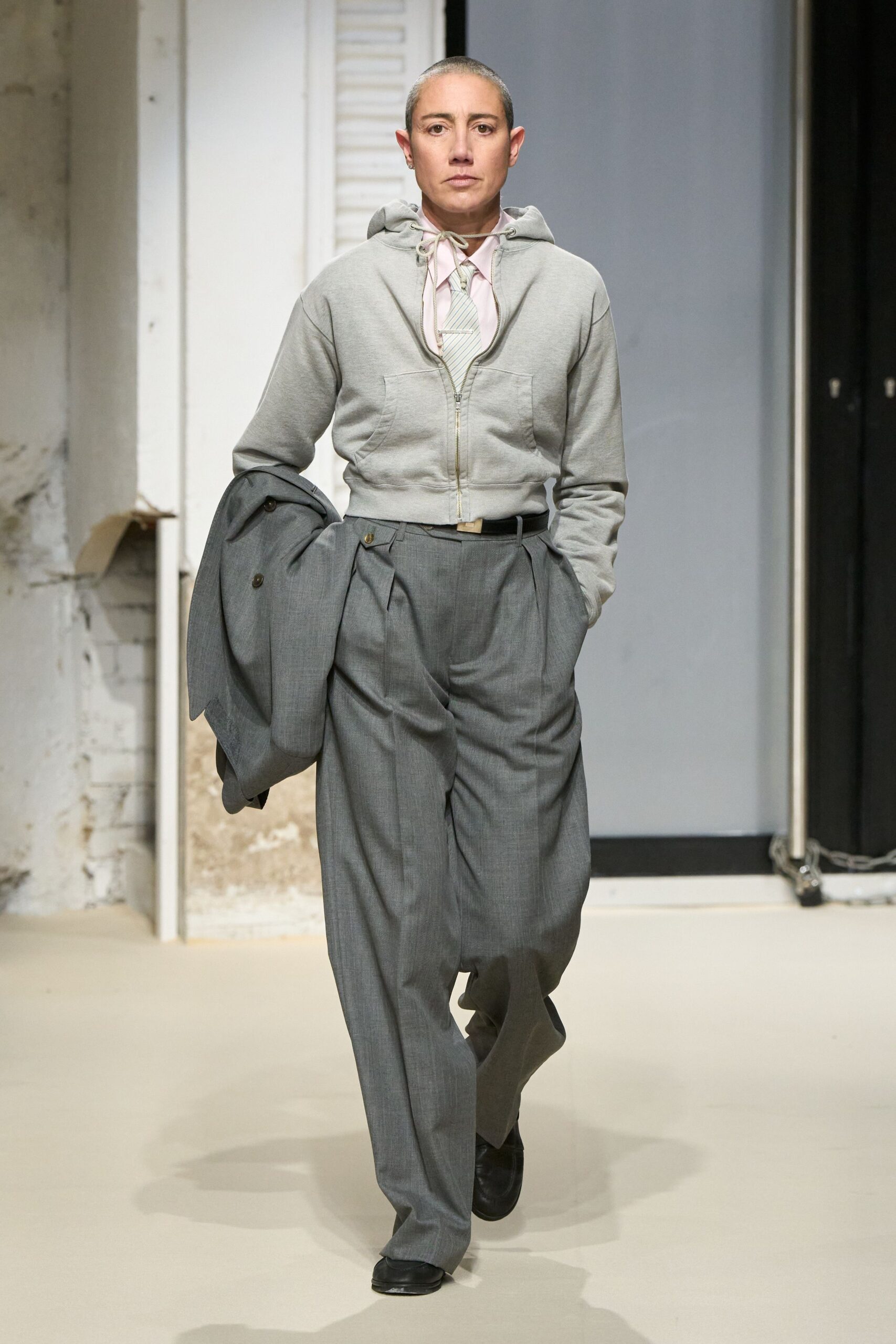 gray hoodie tailored pants blazer