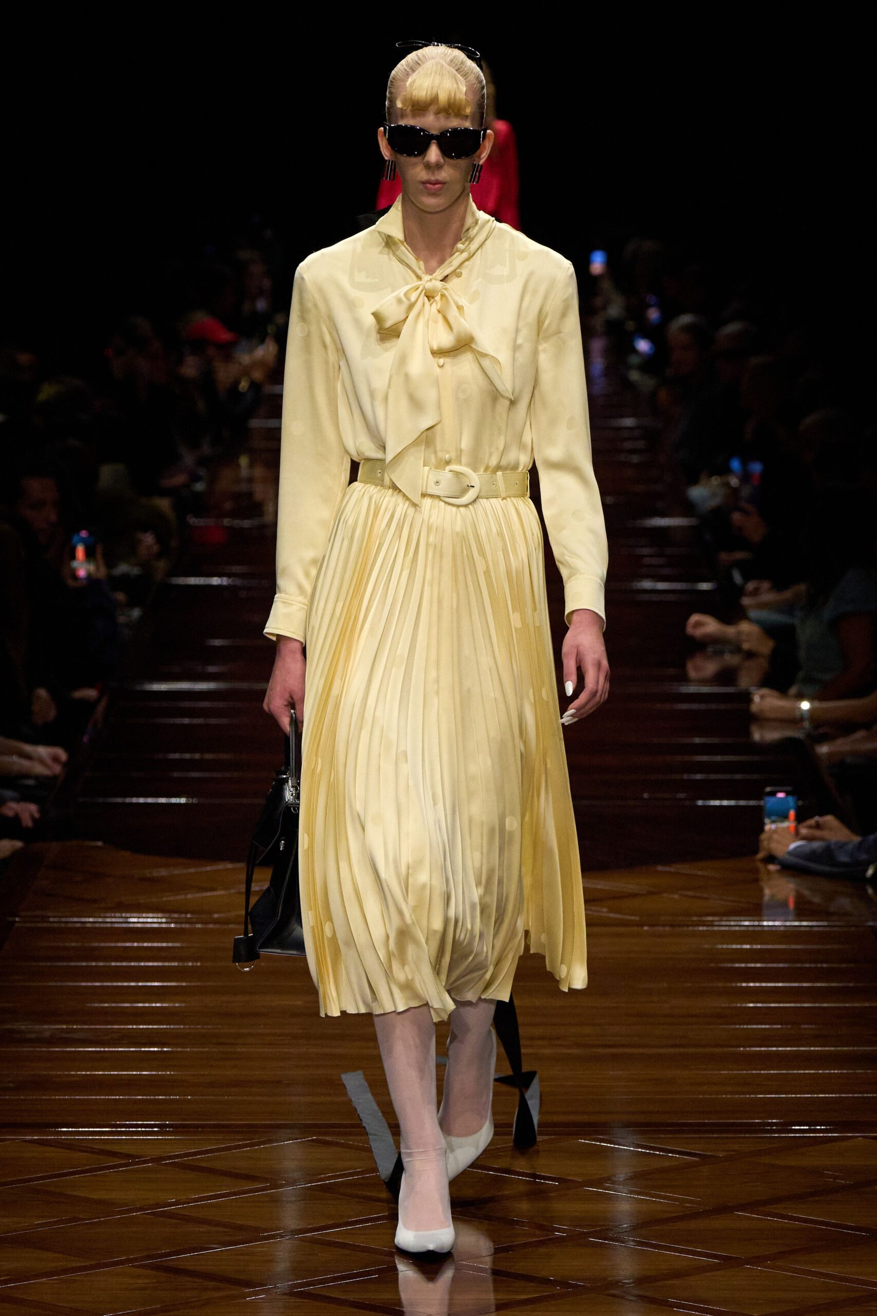 yellow silk long-sleeve collared fitted pleated belted dress