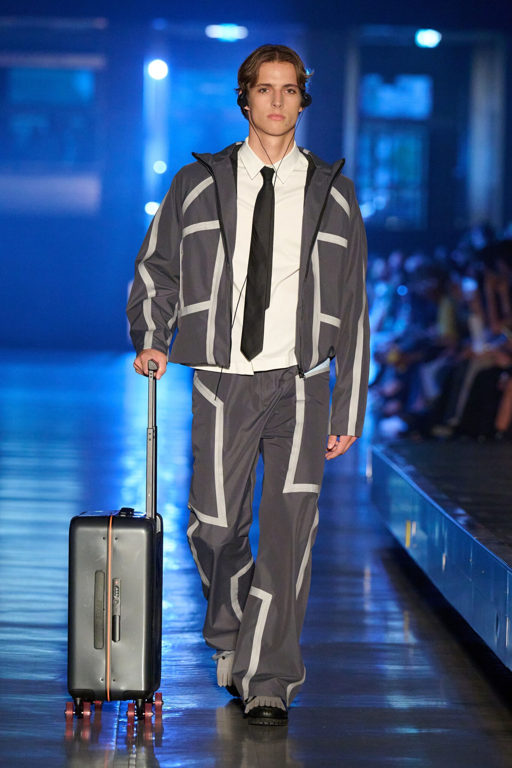 gray color-blocked runway suit