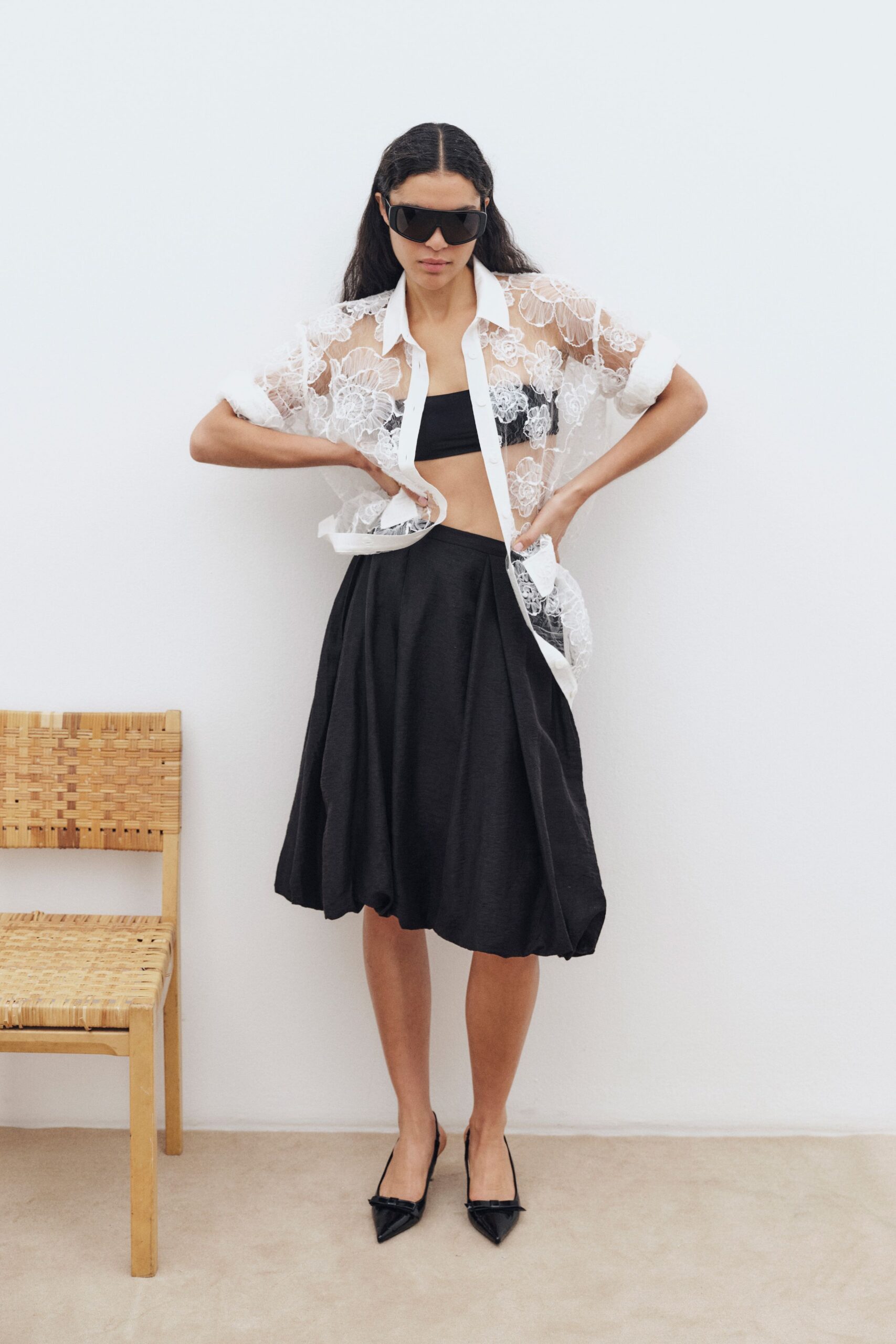 white lace short-sleeve collared relaxed embroidered sheer shirt