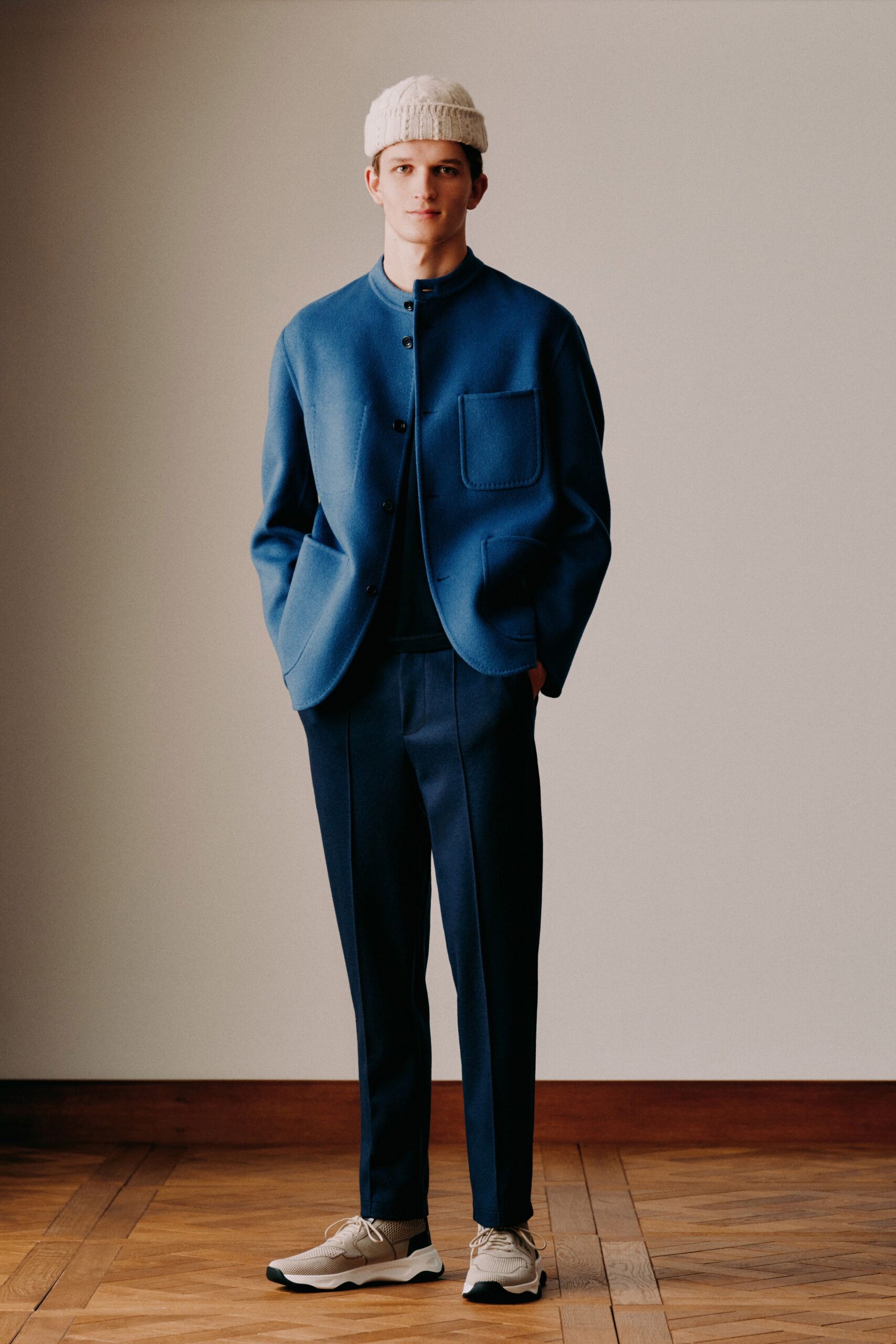 blue wool long-sleeve collared structured buttoned pockets jacket