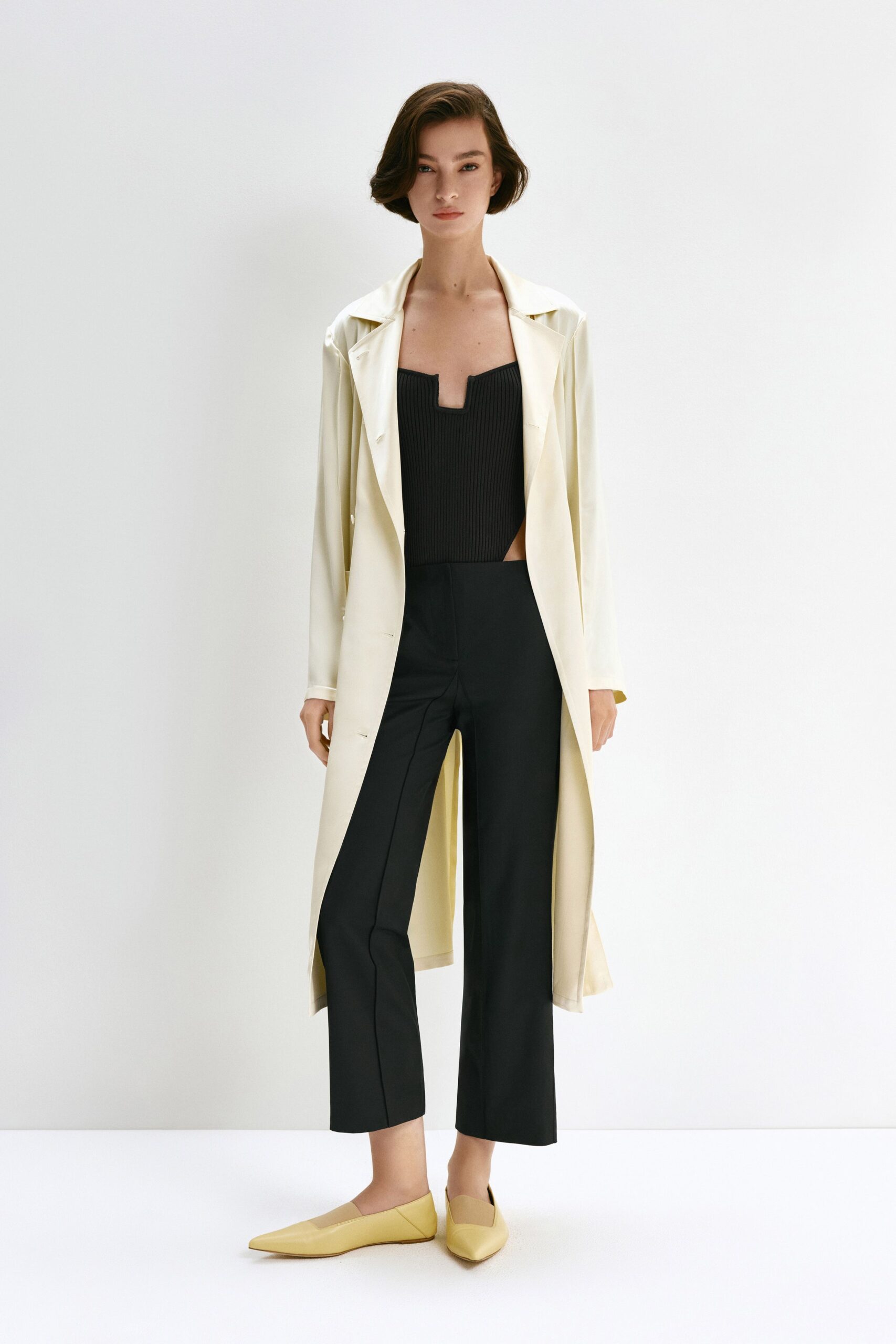 white silk long-sleeve collared relaxed buttoned midi coat